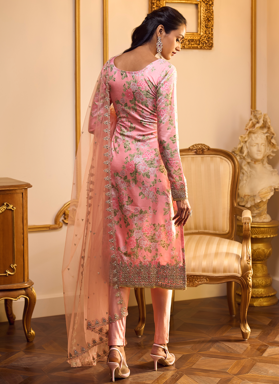 Peach Floral Printed Straight Suit