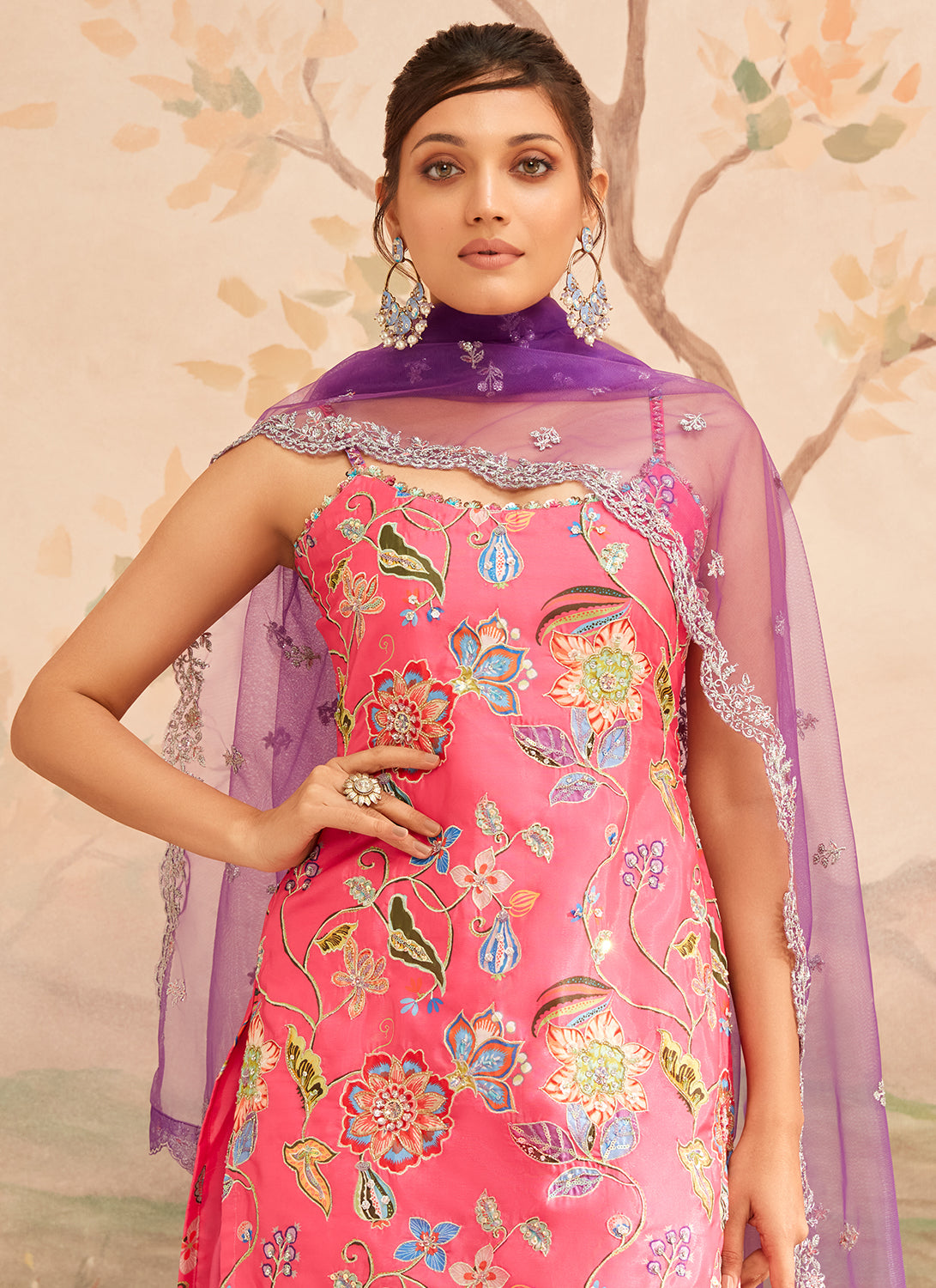 Pink and Purple Floral Printed Punjabi Suit