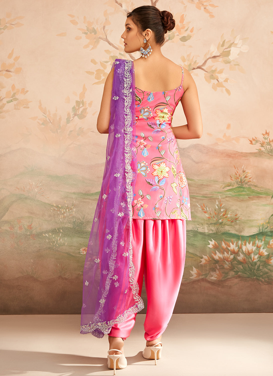 Pink and Purple Floral Printed Punjabi Suit