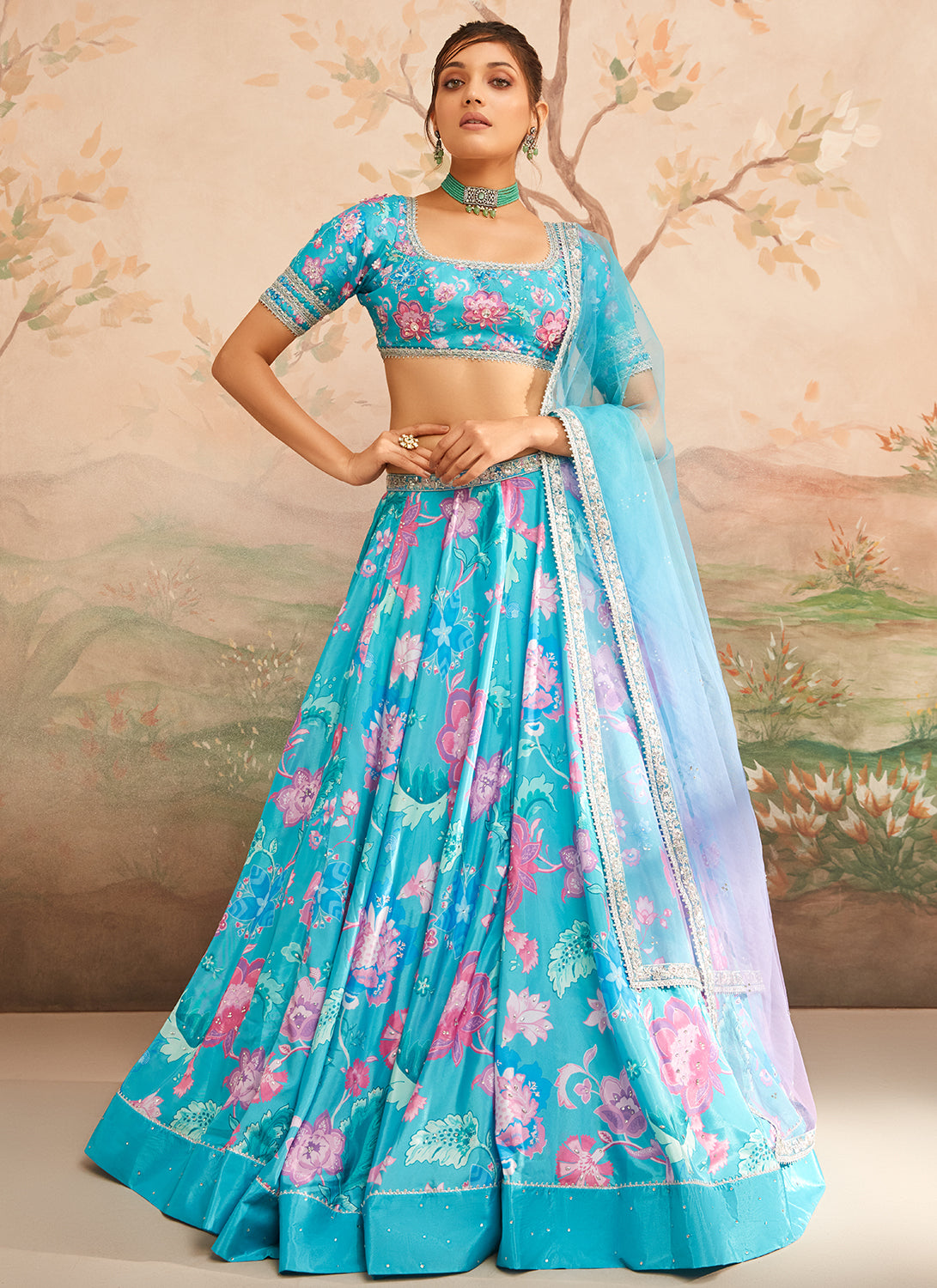 Sky Blue Floral Printed Lehenga