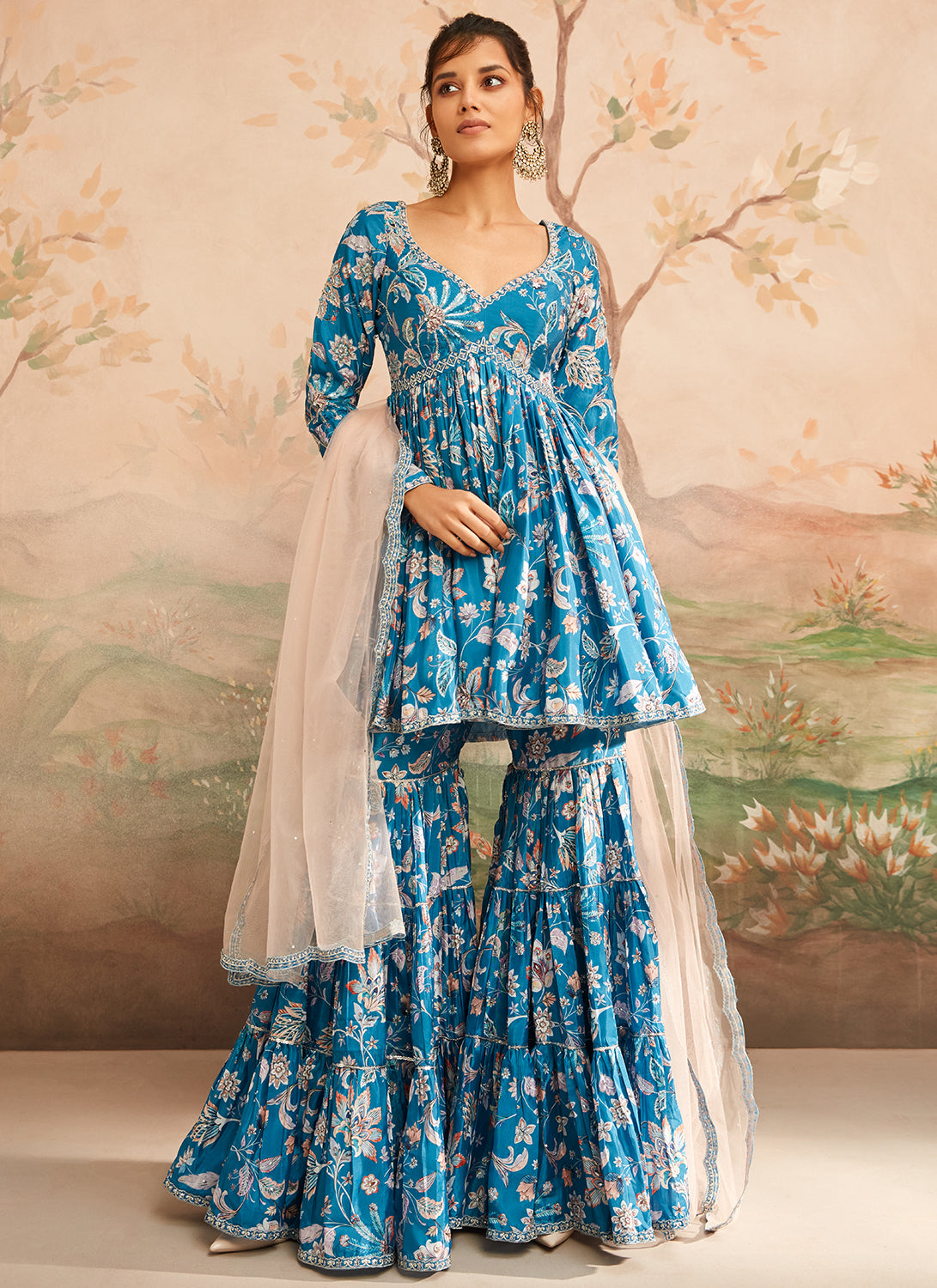 Teal Blue Floral Printed Gharara Suit