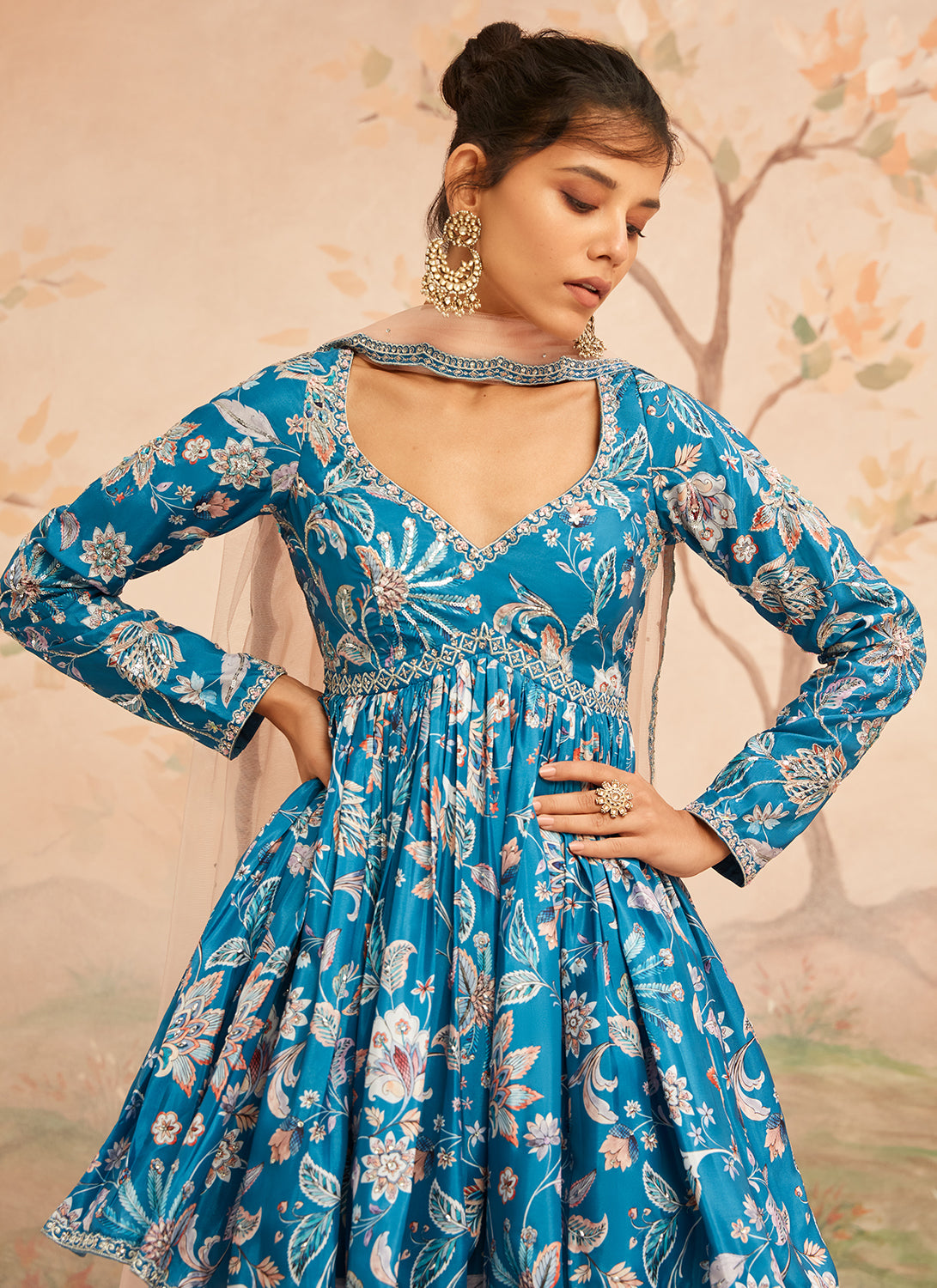 Teal Blue Floral Printed Gharara Suit