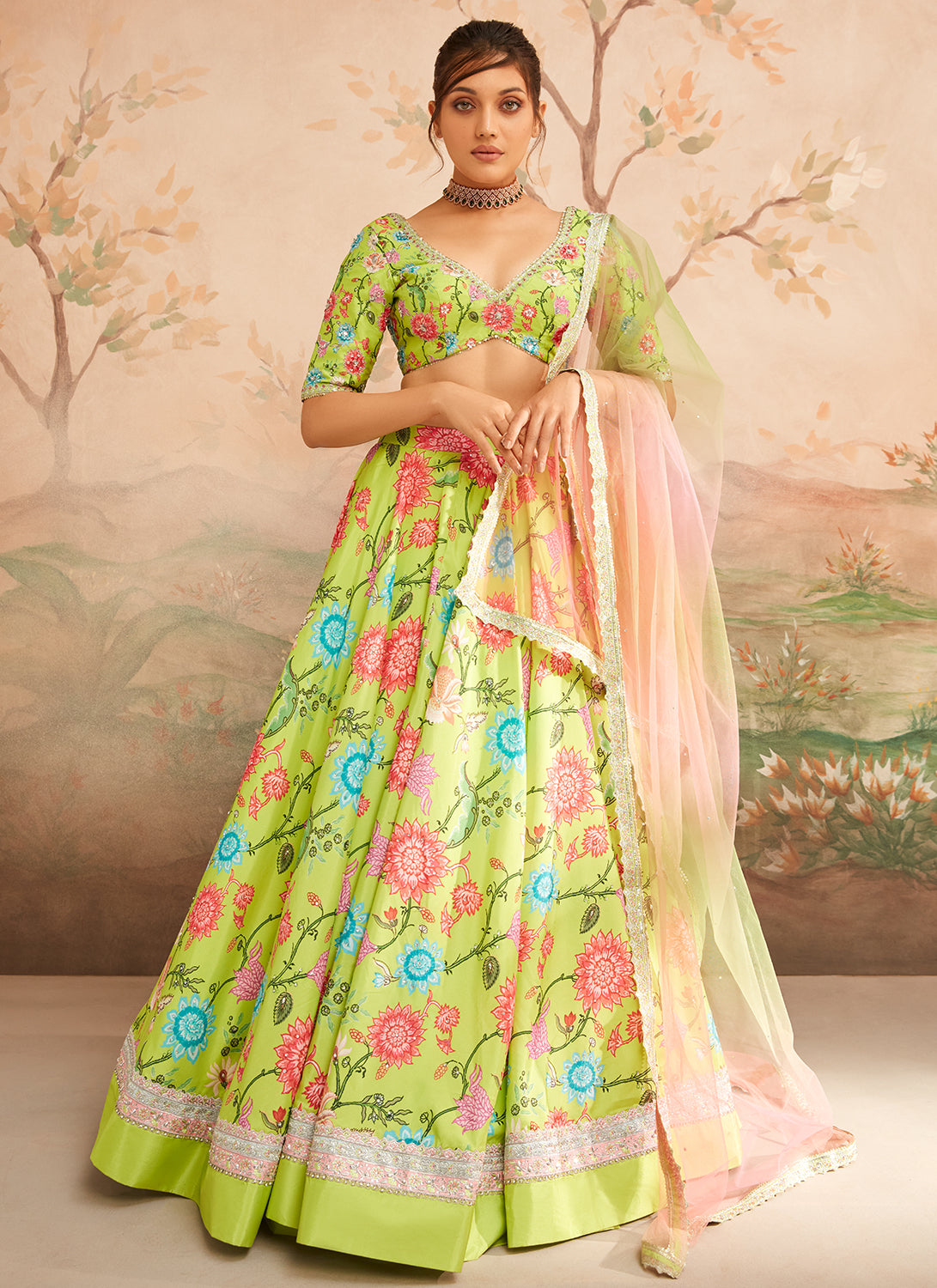 Green Floral Printed Lehenga