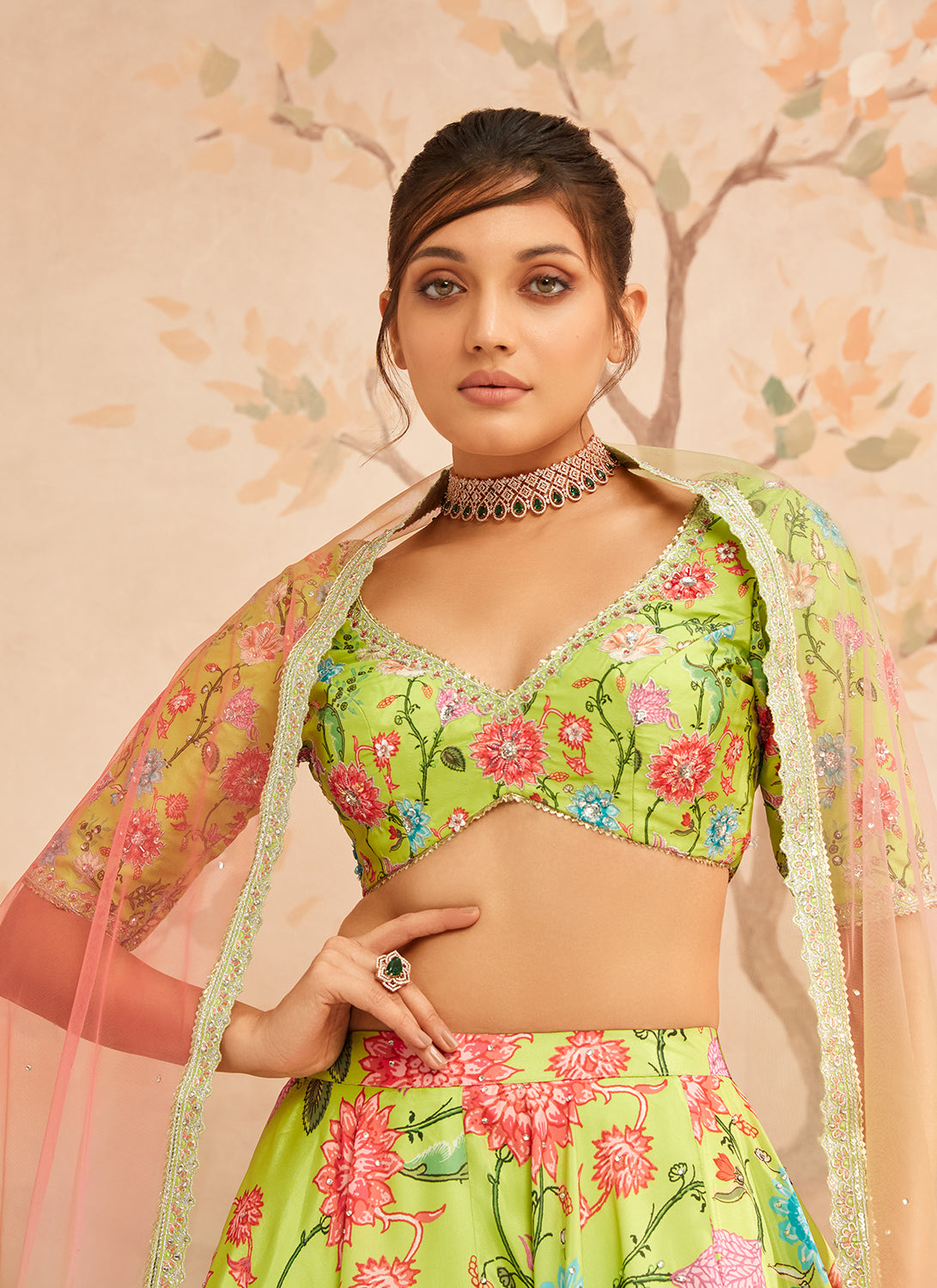Green Floral Printed Lehenga