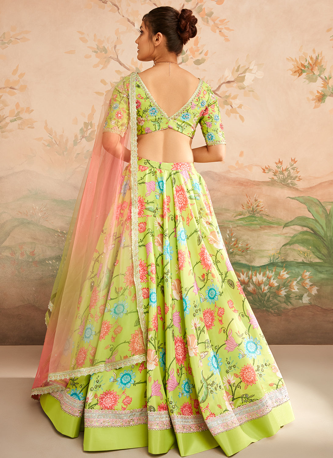 Green Floral Printed Lehenga