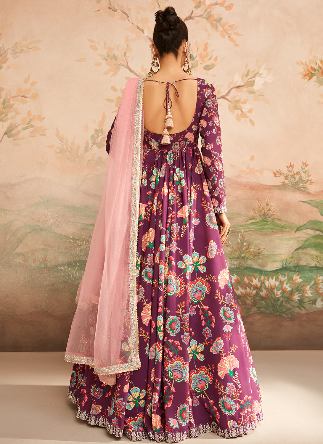 Wine Floral Printed Anarkali