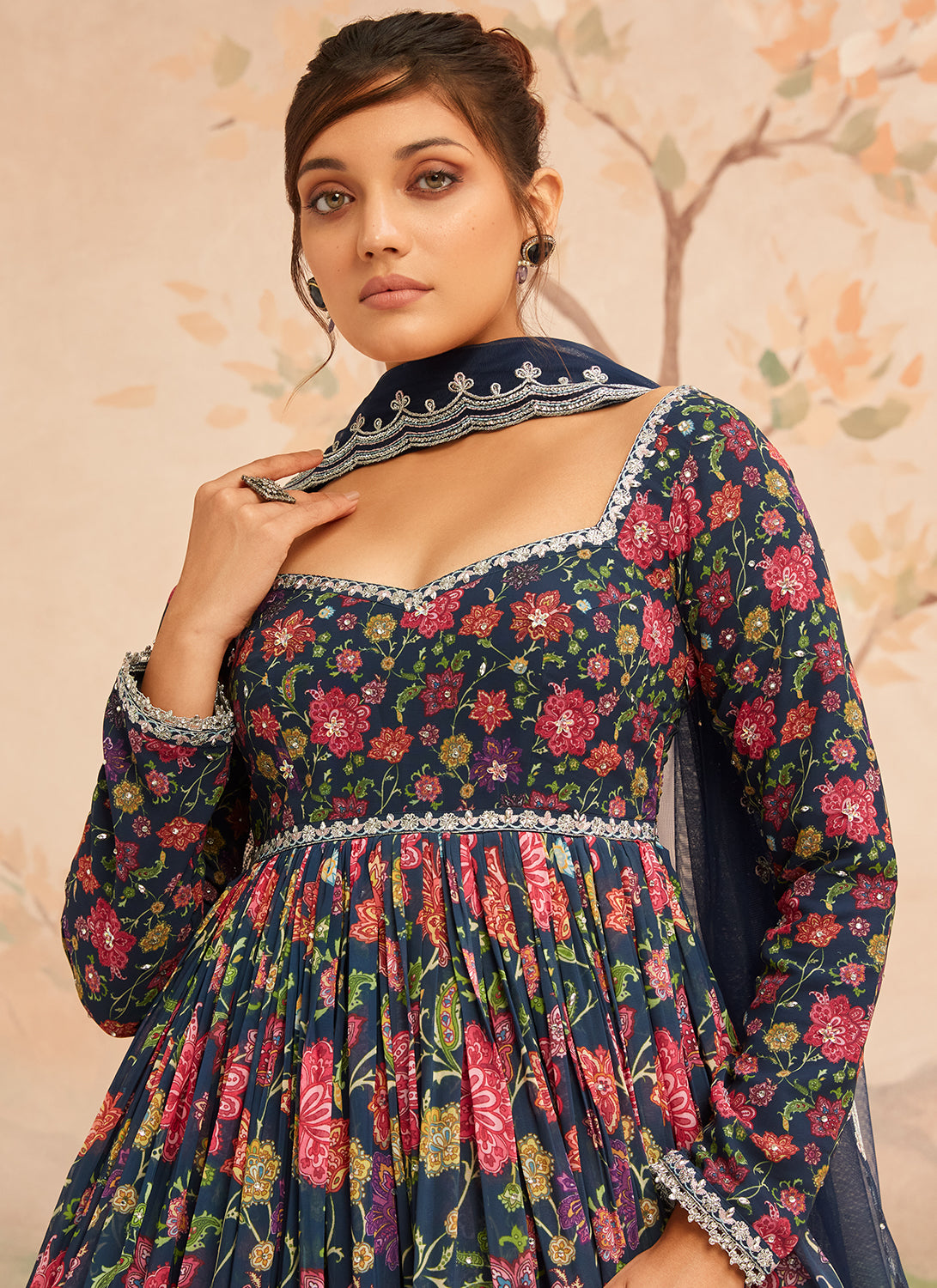 Navy Blue Floral Printed Anarkali