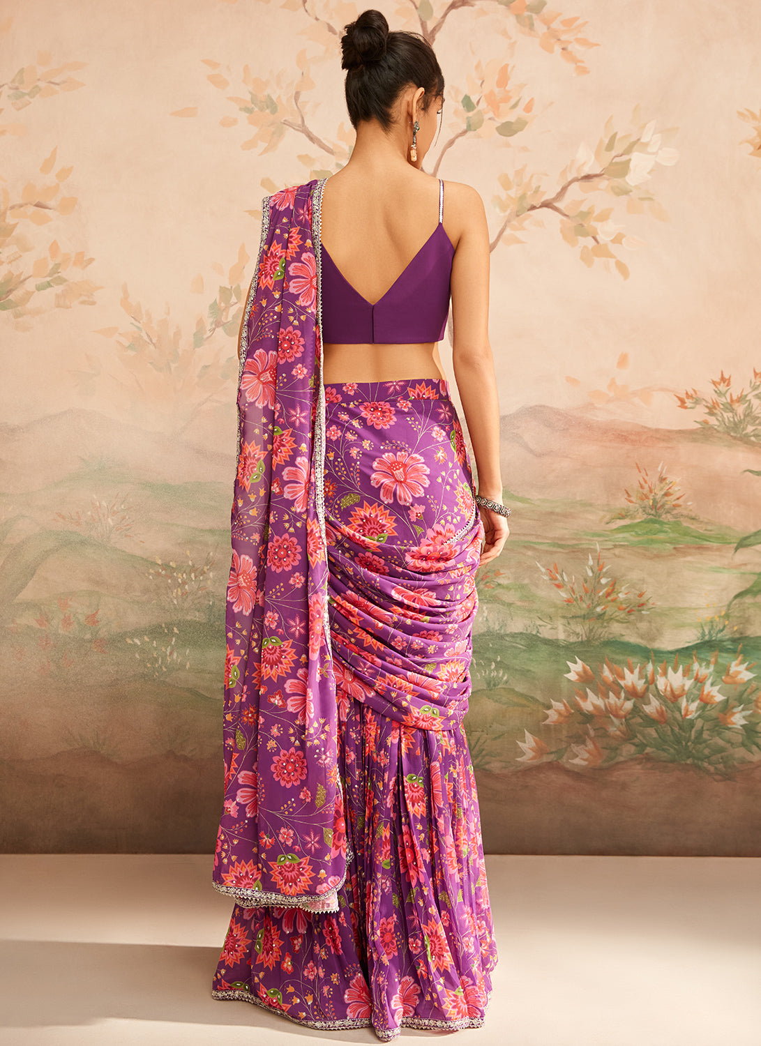 Purple and Pink Floral Printed Saree