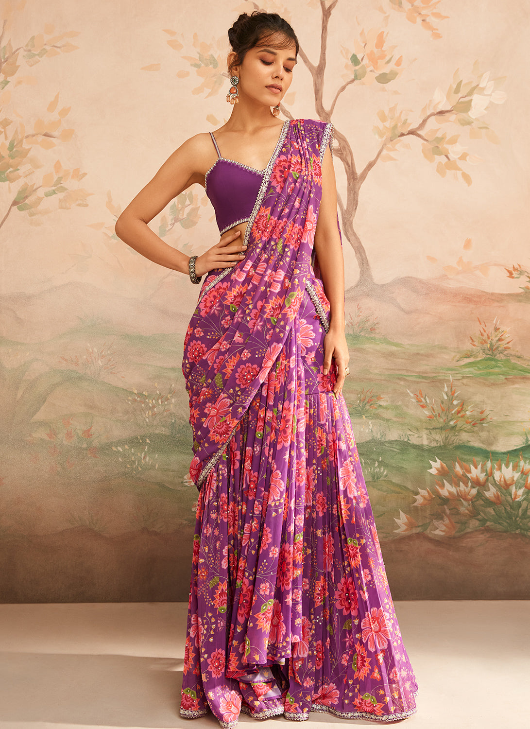 Purple and Pink Floral Printed Saree