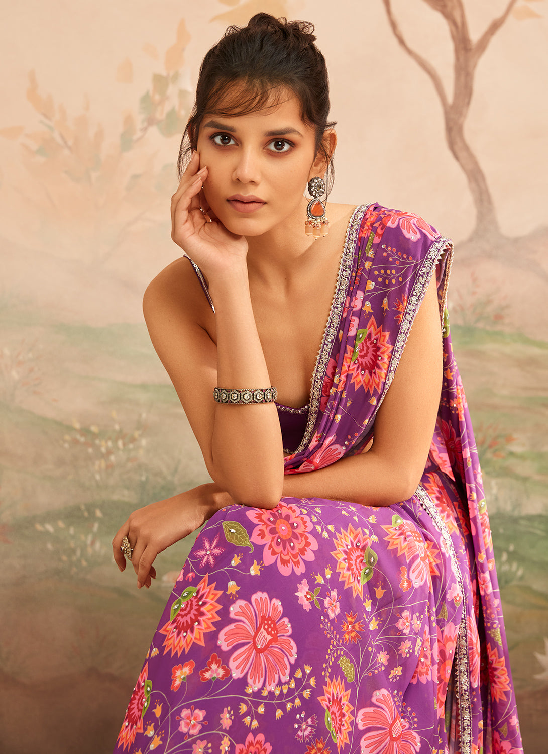 Purple and Pink Floral Printed Saree