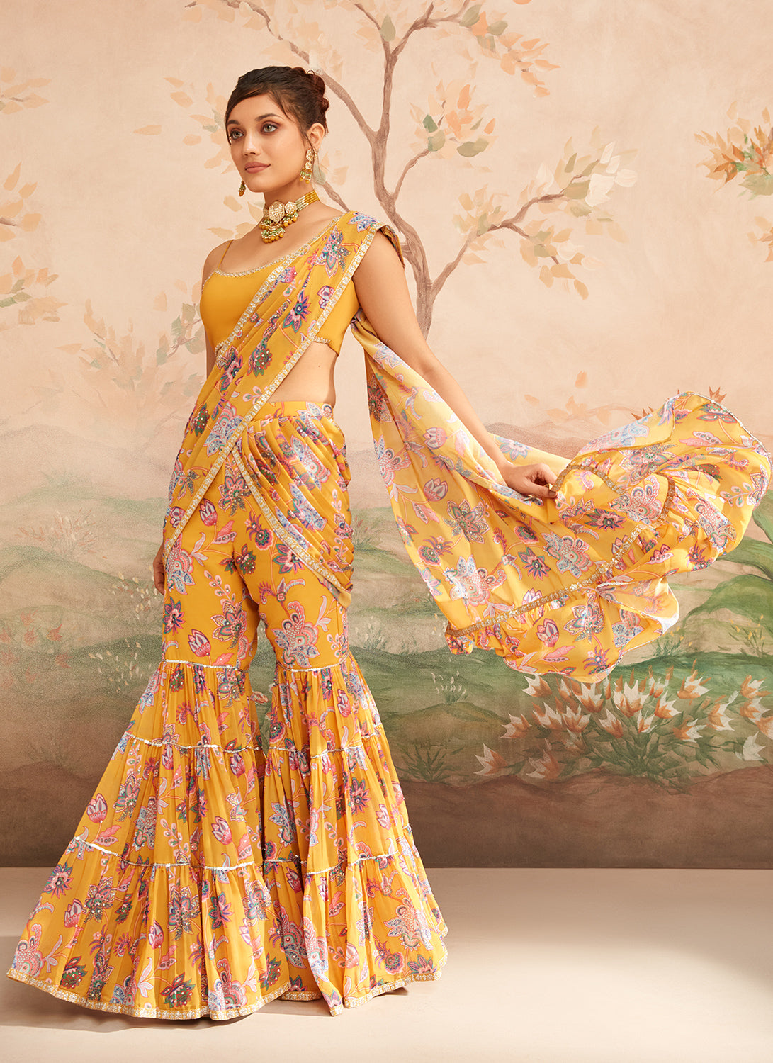 Mustard Yellow Floral Printed Pant Saree