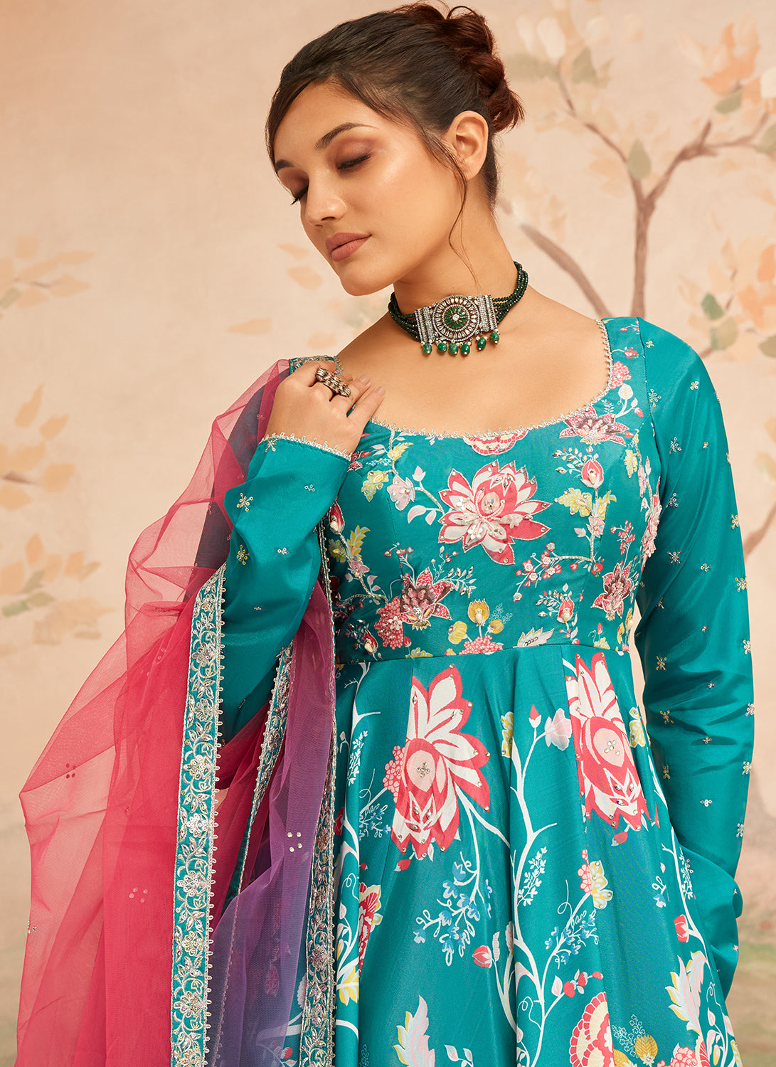Teal Floral Printed Anarkali