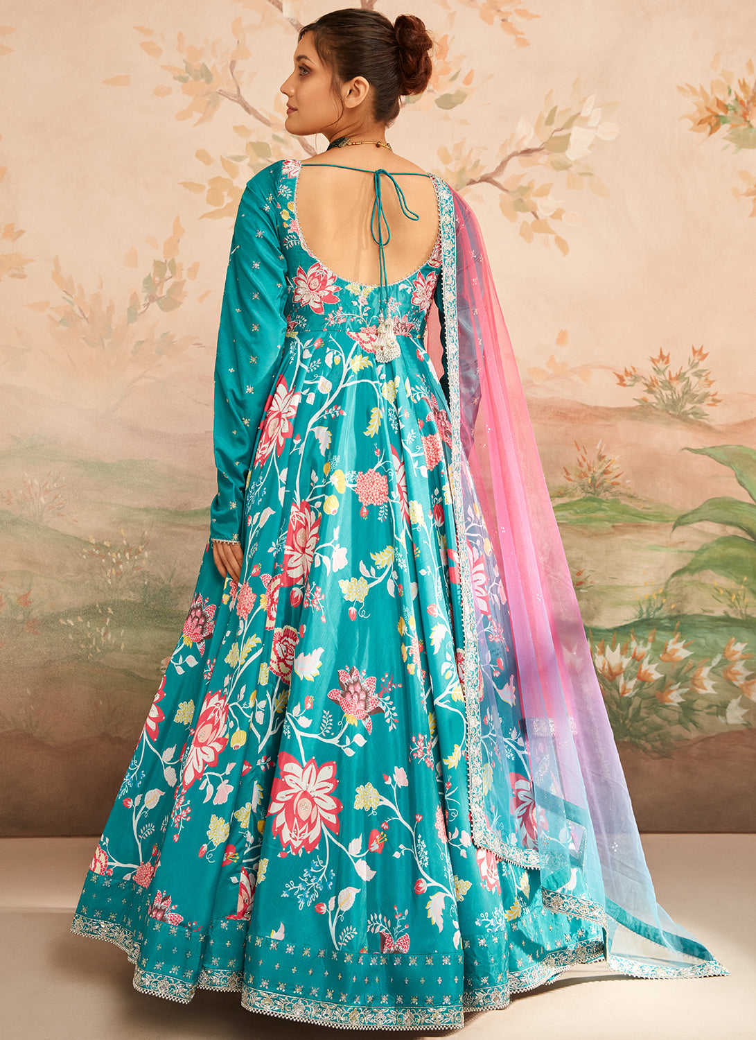 Teal Floral Printed Anarkali