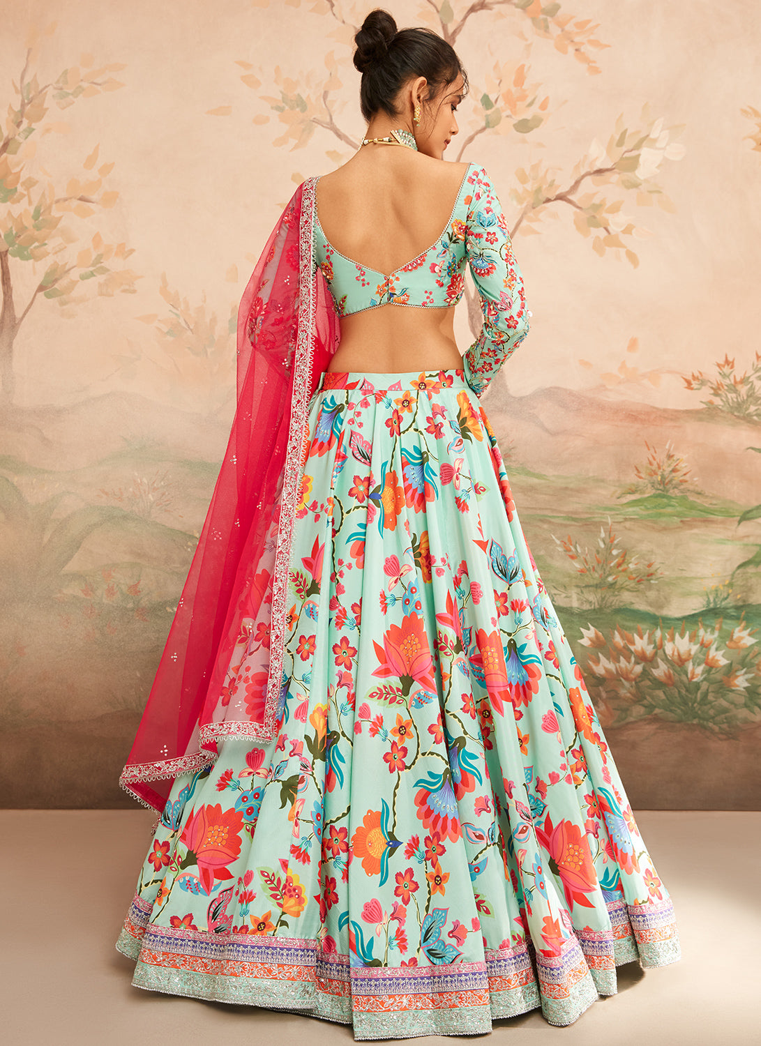 Mint Green Floral Printed Lehenga