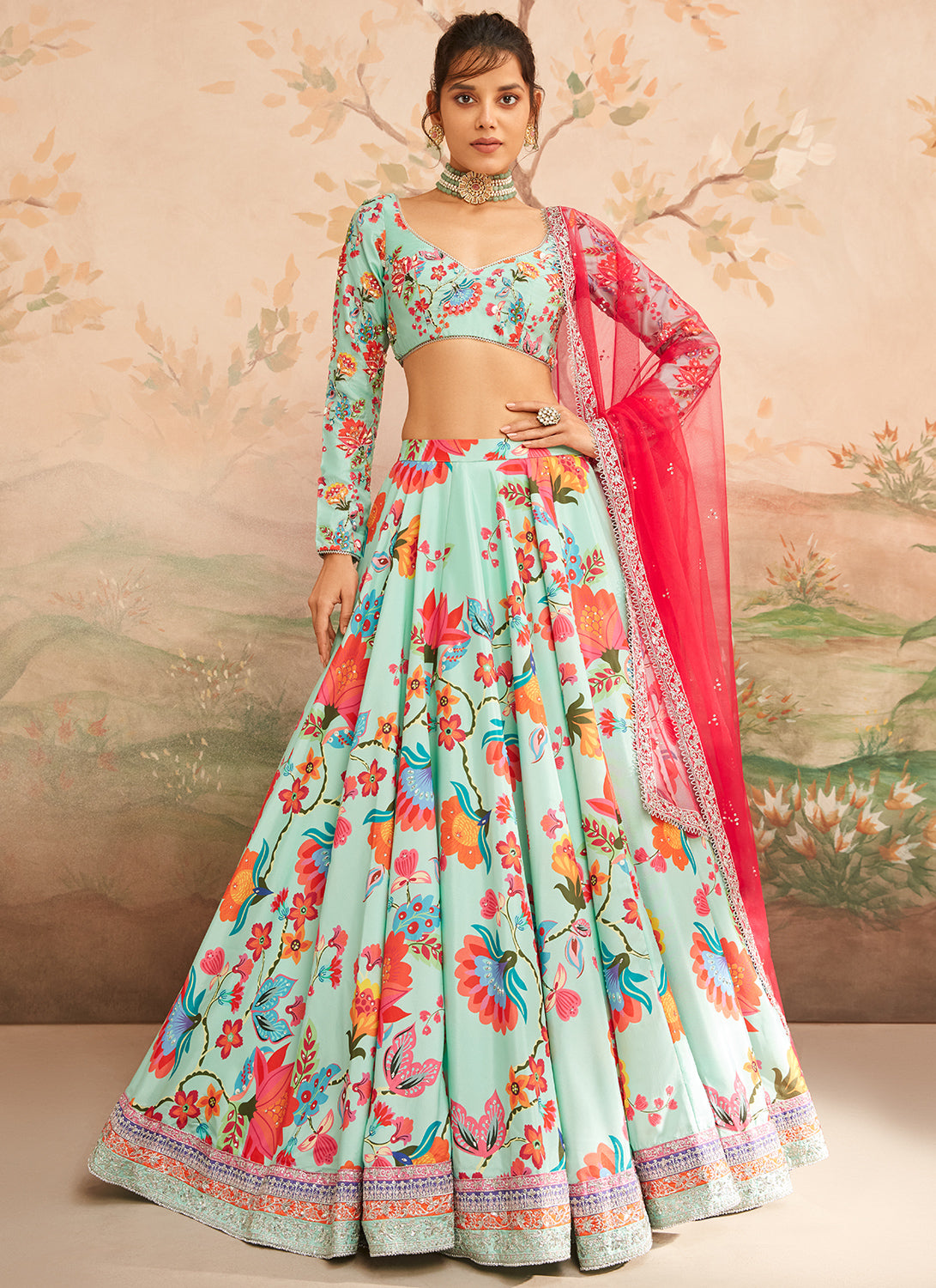 Mint Green Floral Printed Lehenga