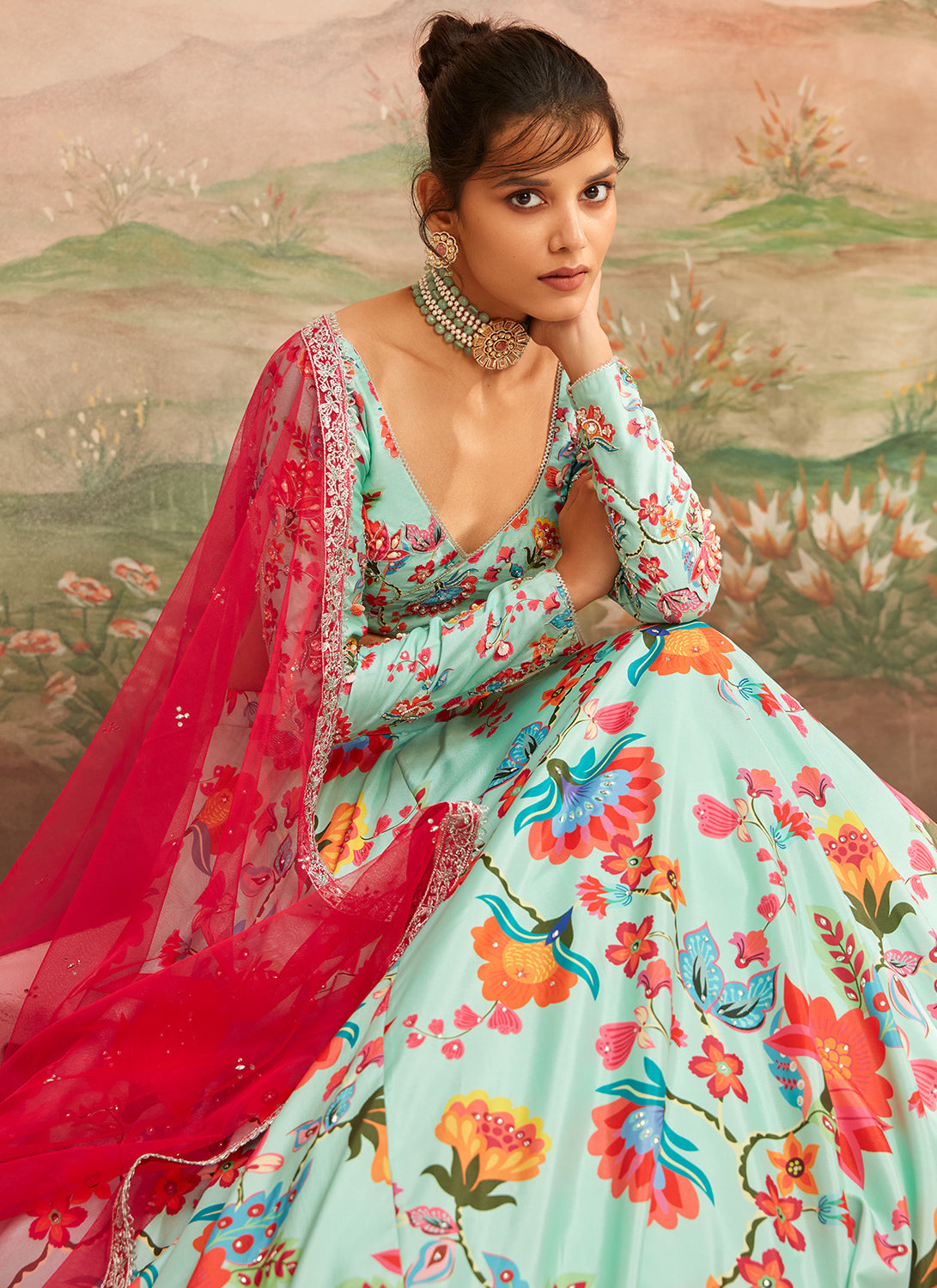 Mint Green Floral Printed Lehenga