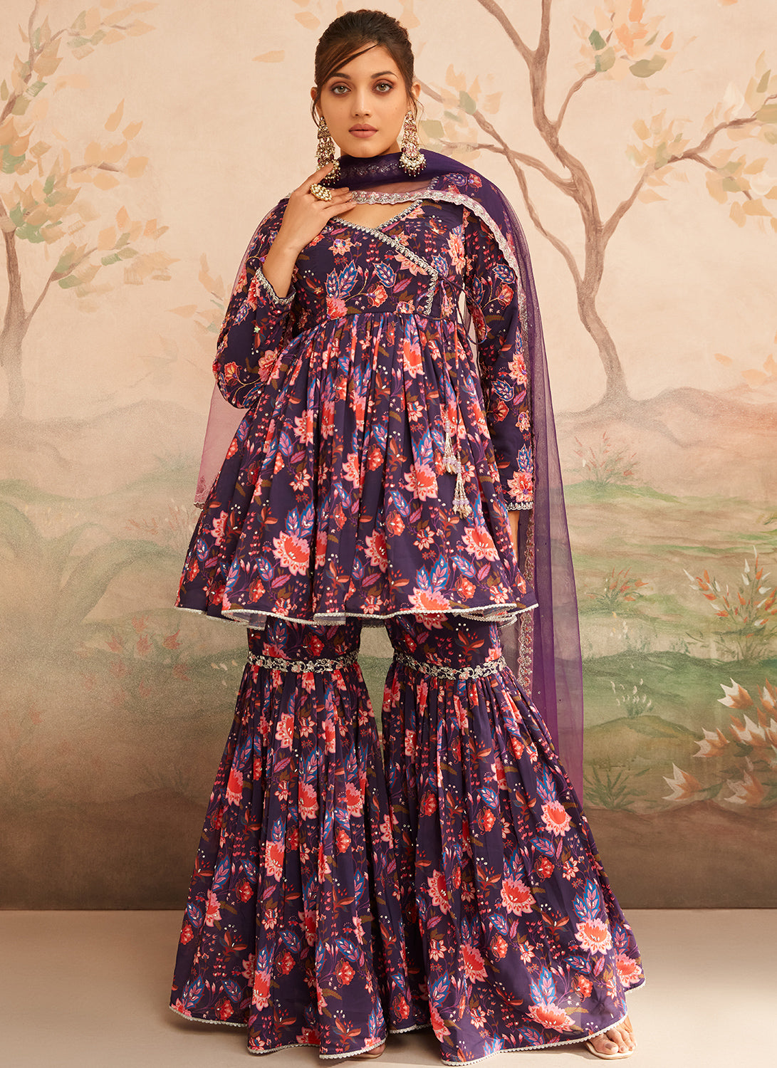 Dark Purple Floral Printed Gharara Suit