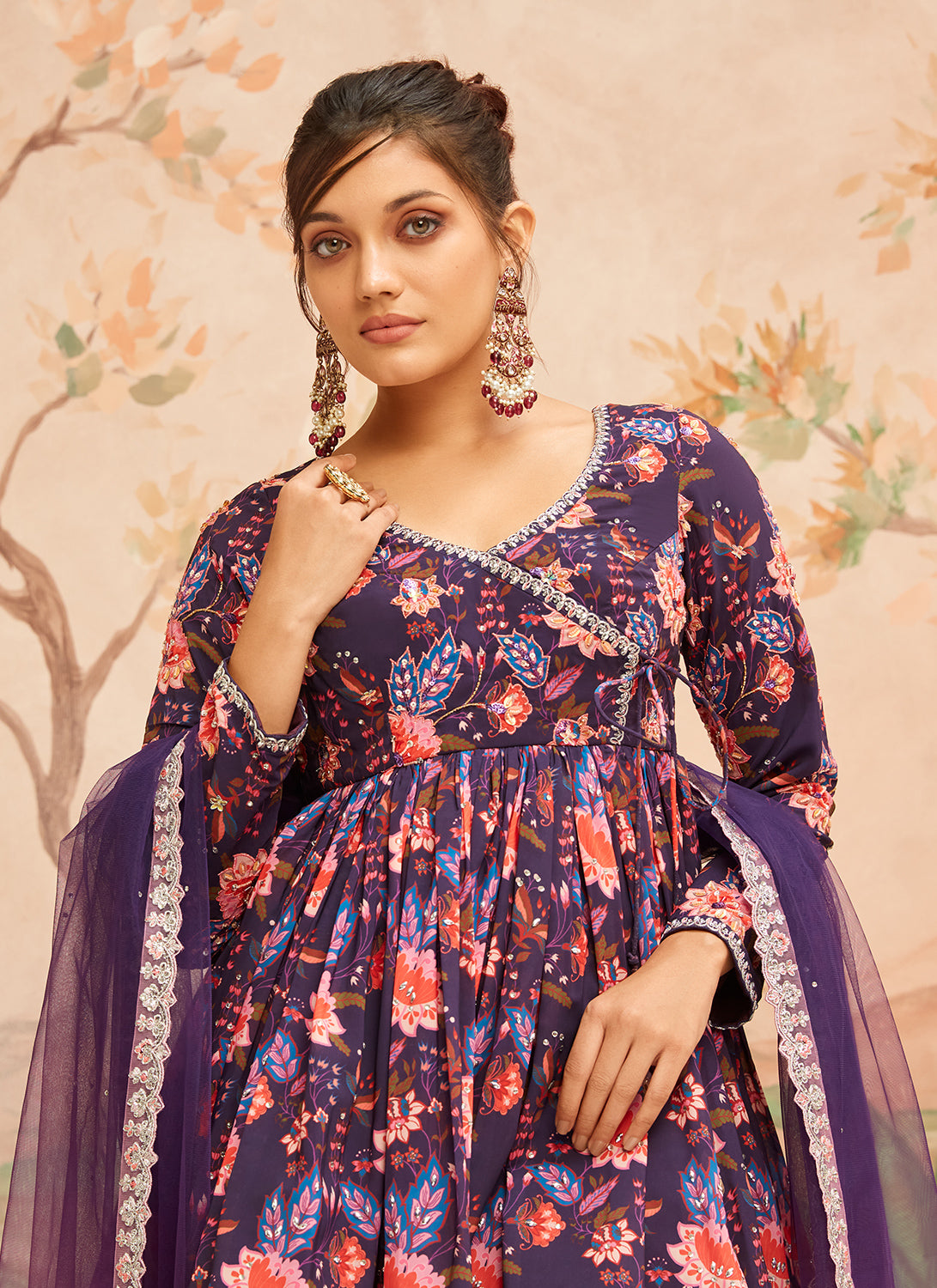 Dark Purple Floral Printed Gharara Suit