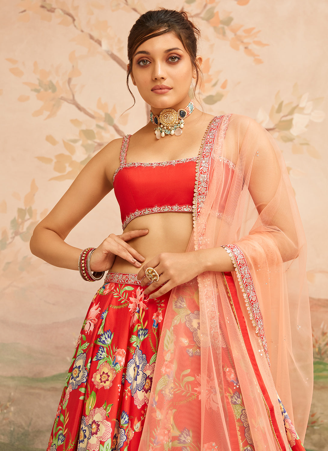 Red Floral Printed Lehenga