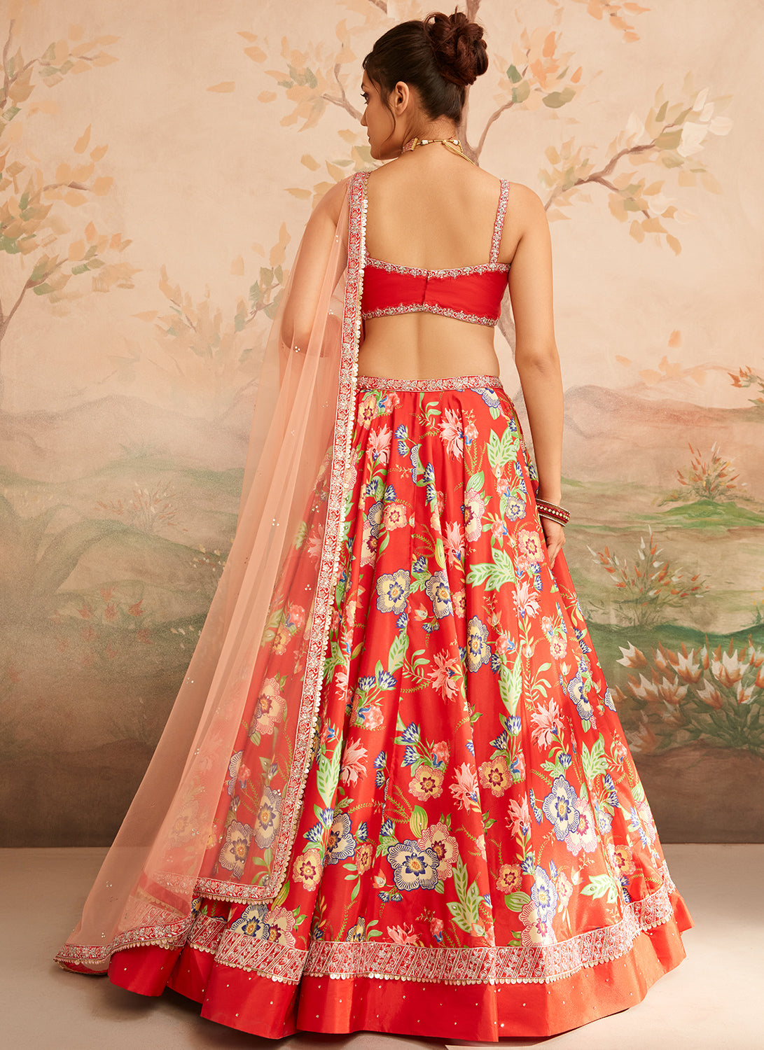 Red Floral Printed Lehenga