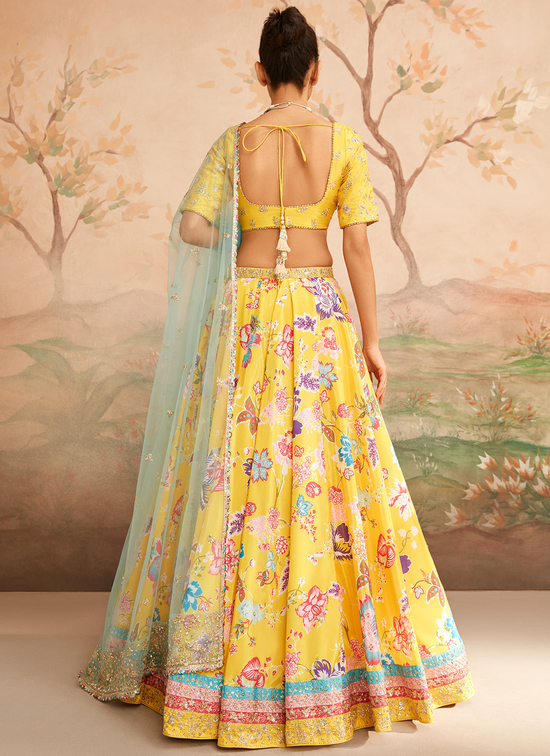 Yellow and Blue Floral Printed Lehenga