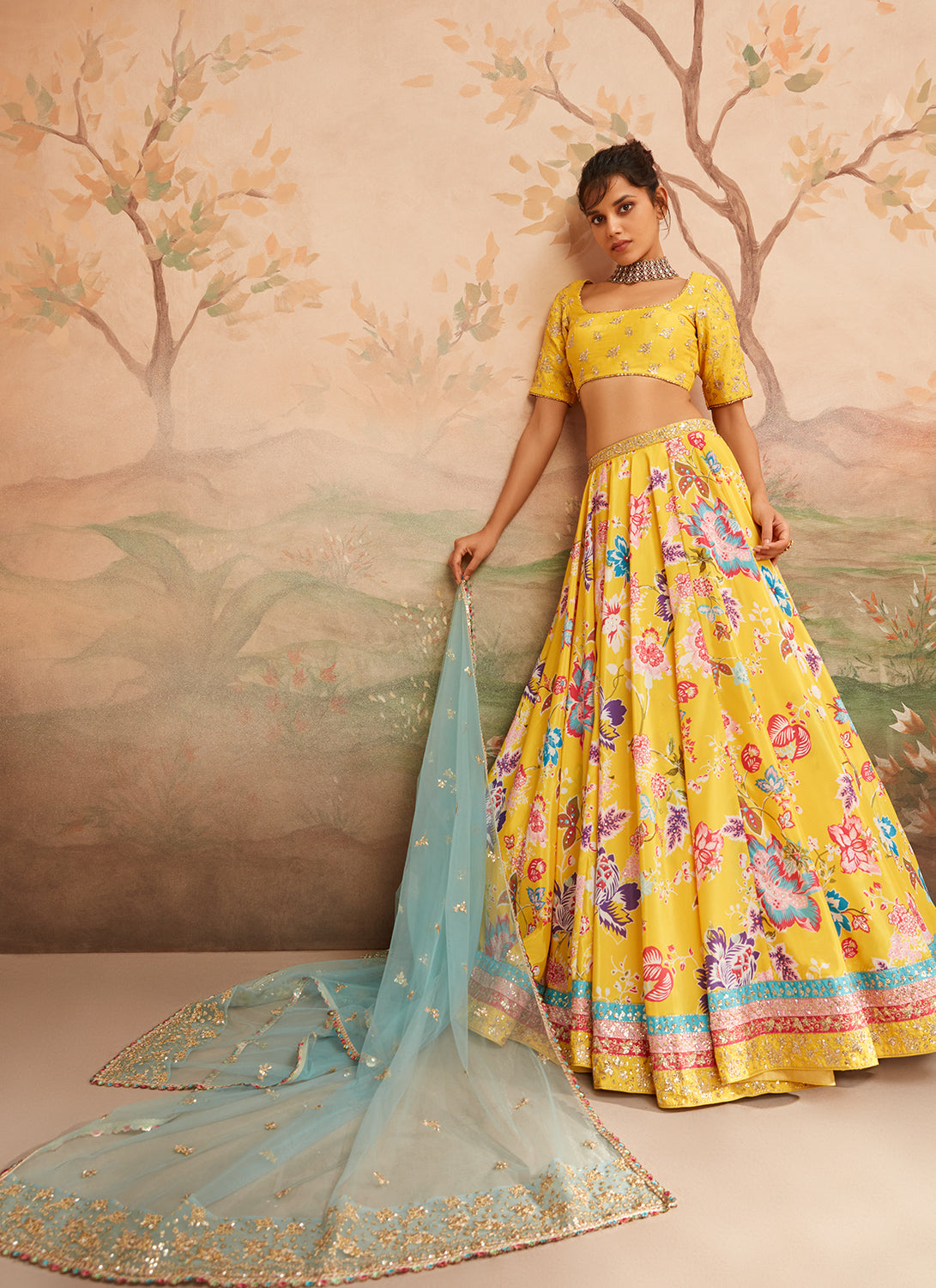 Yellow and Blue Floral Printed Lehenga
