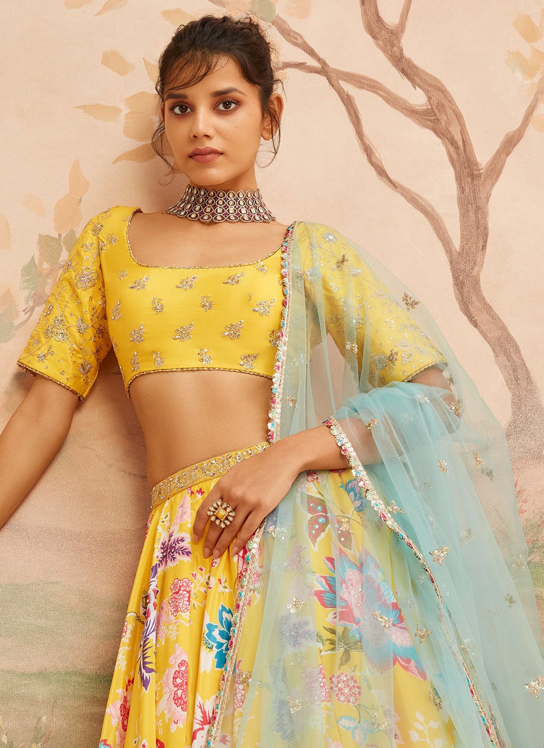 Yellow and Blue Floral Printed Lehenga