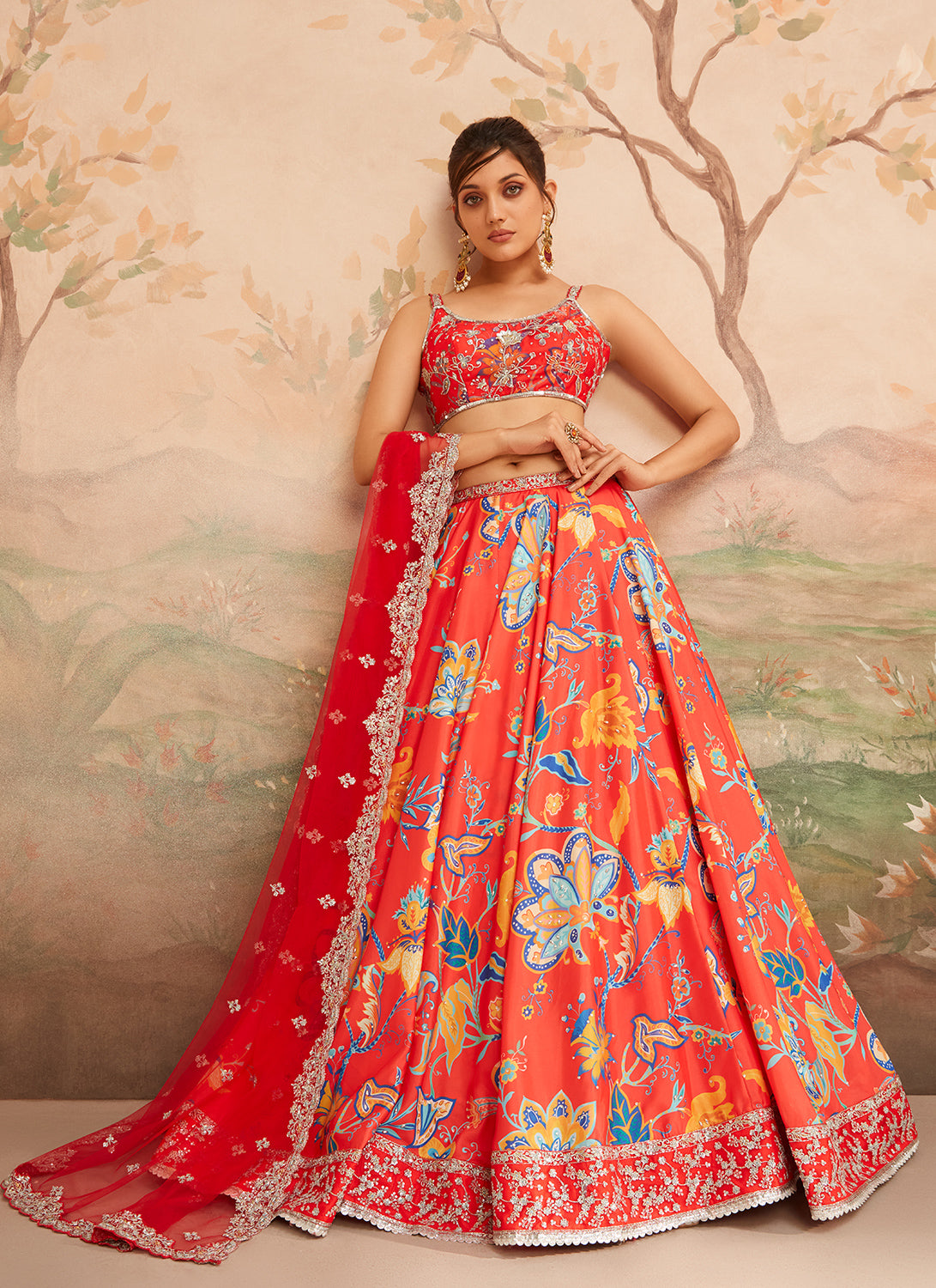Red Orange Floral Printed Lehenga