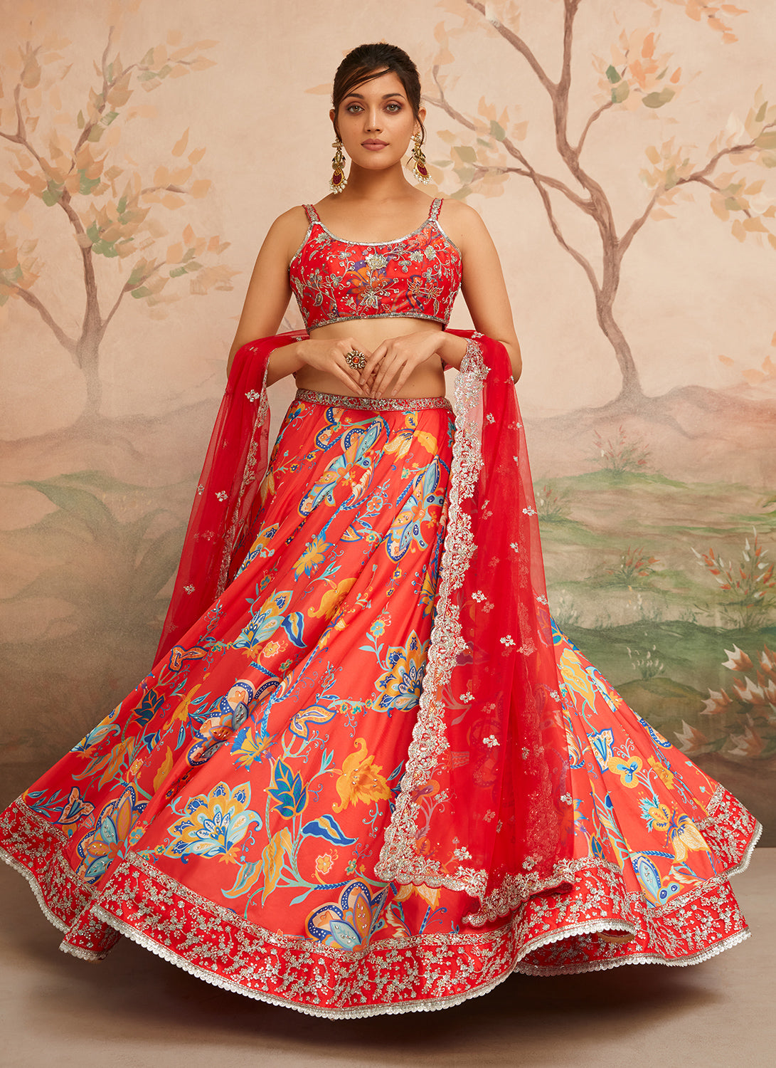 Red Orange Floral Printed Lehenga