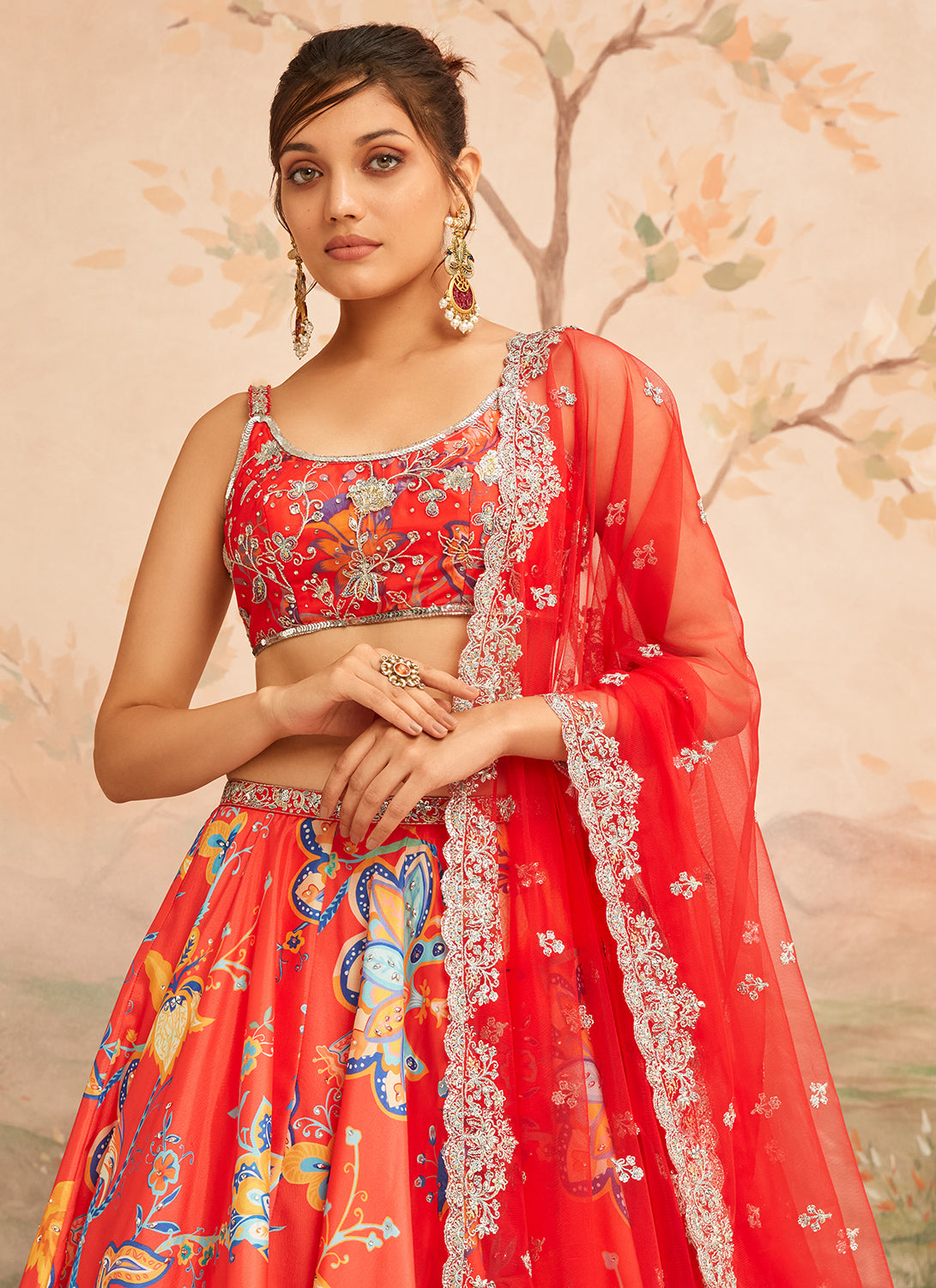 Red Orange Floral Printed Lehenga