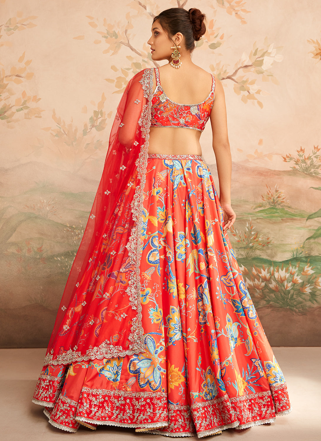 Red Orange Floral Printed Lehenga