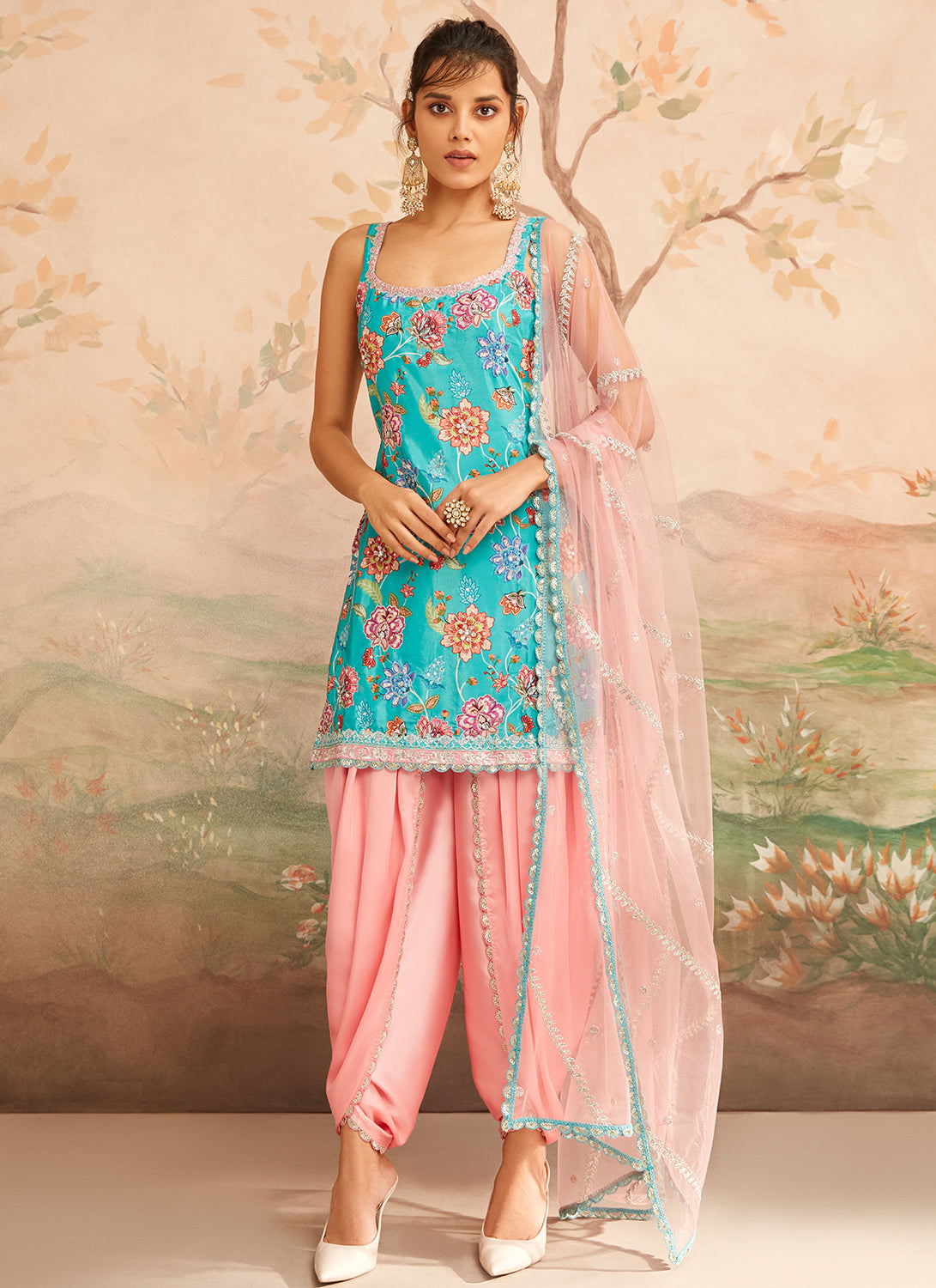 Teal and Pink Floral Printed Punjabi Suit