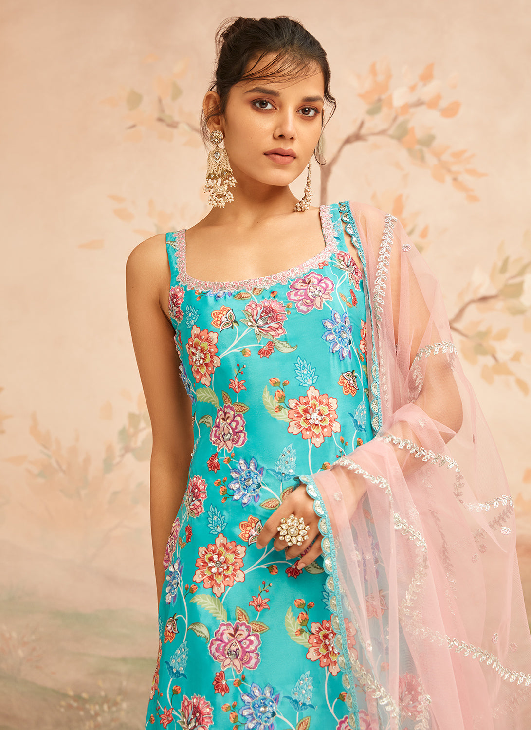 Teal and Pink Floral Printed Punjabi Suit