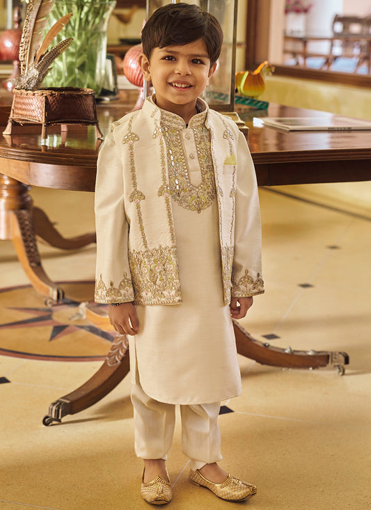Kids Cream and Gold Embroidered Jacket Set
