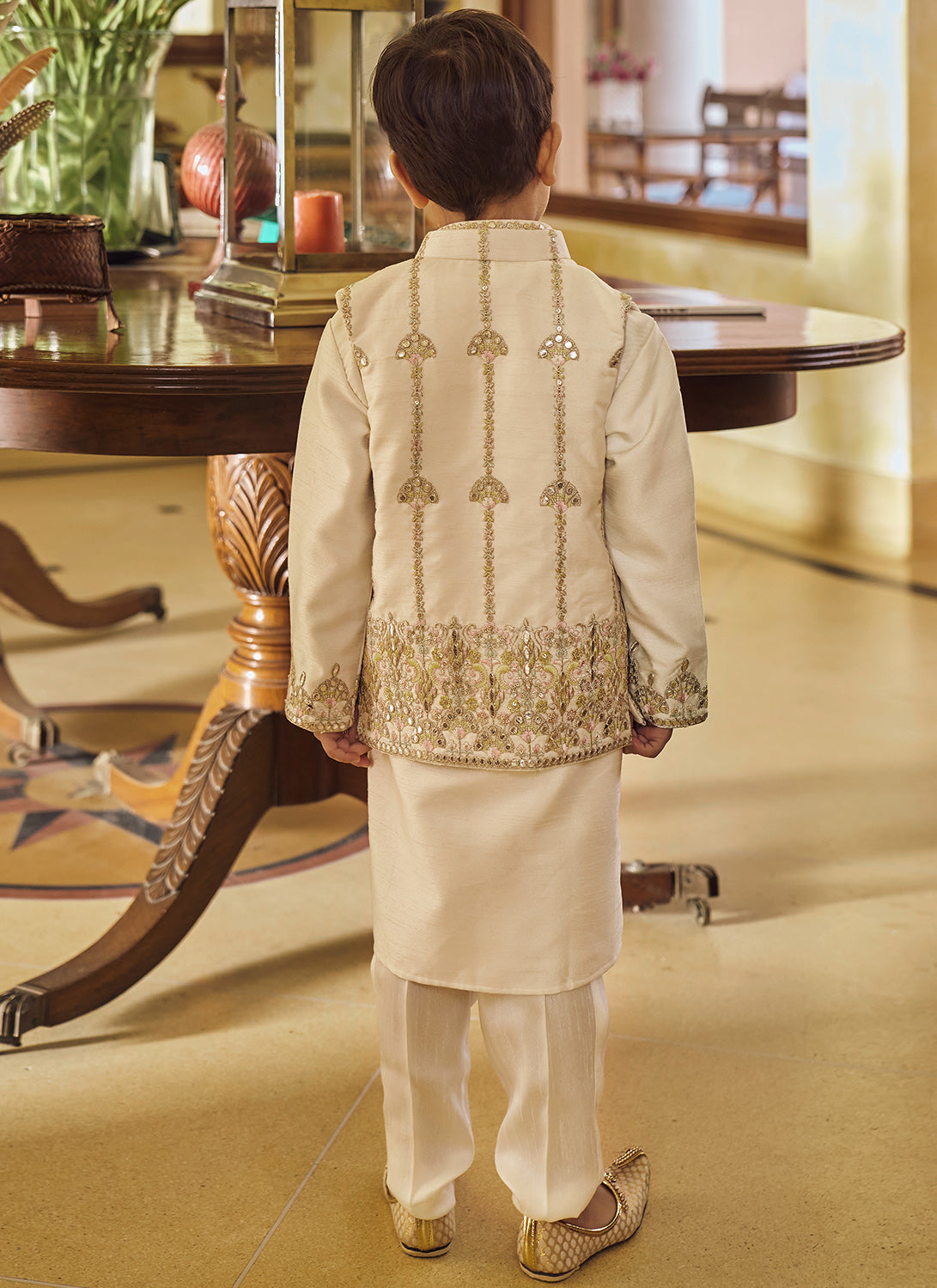 Kids Cream and Gold Embroidered Jacket Set