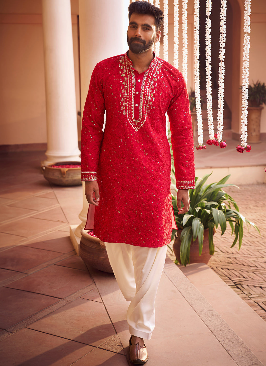 Red Embroidered Kurta Set