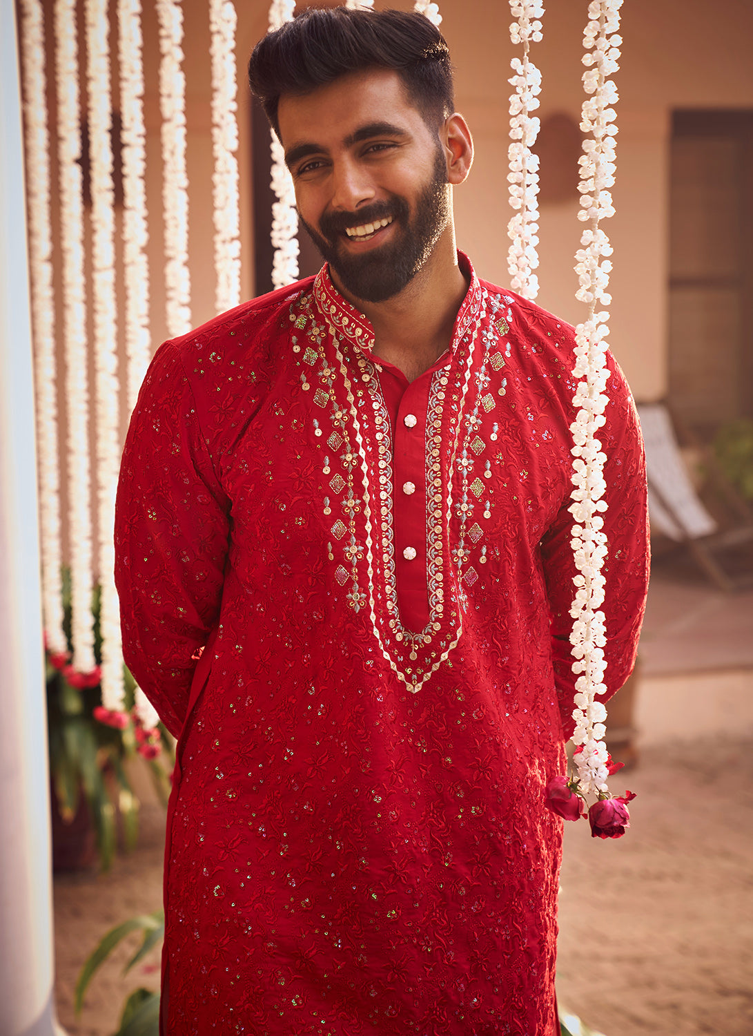 Red Embroidered Kurta Set