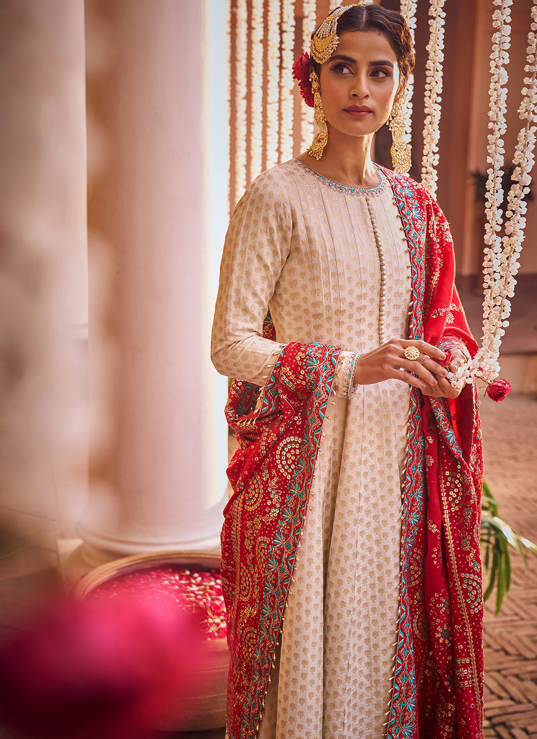 Off White and Red Embroidered Anarkali