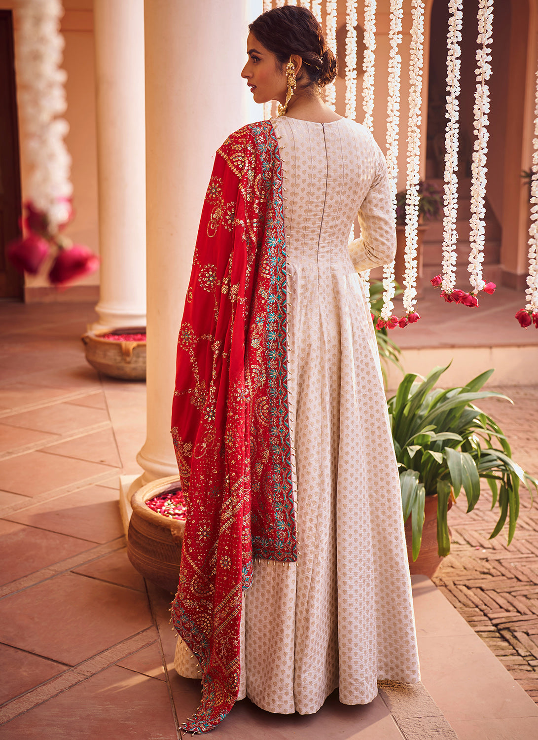 Off White and Red Embroidered Anarkali