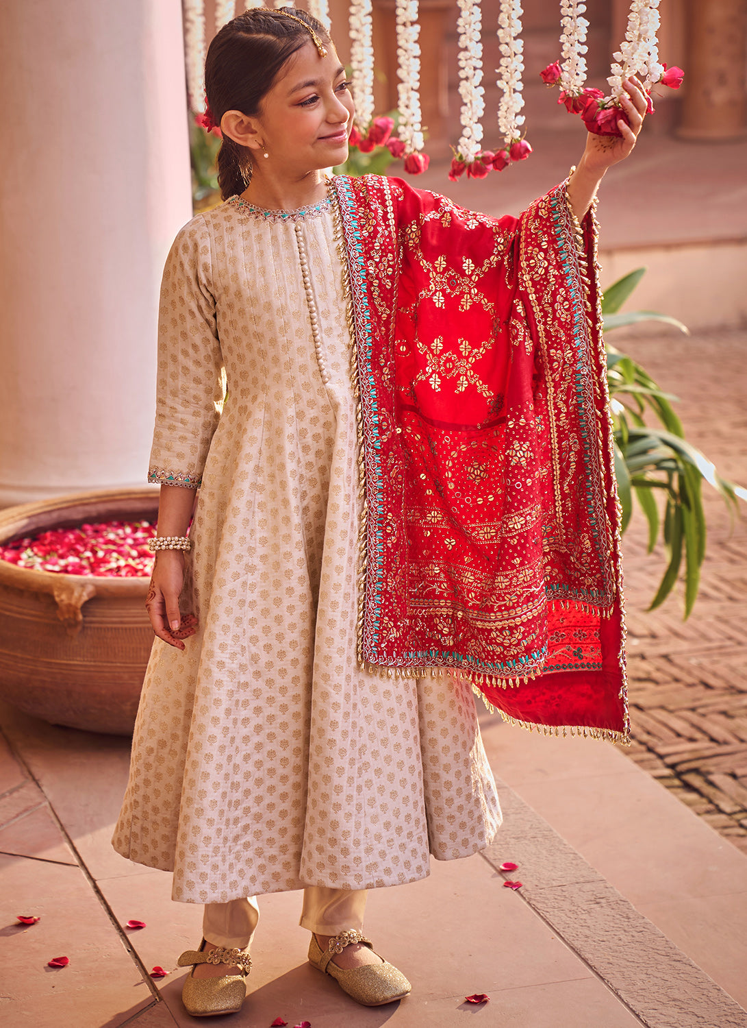 Kids Off White and Red Embroidered Anarkali