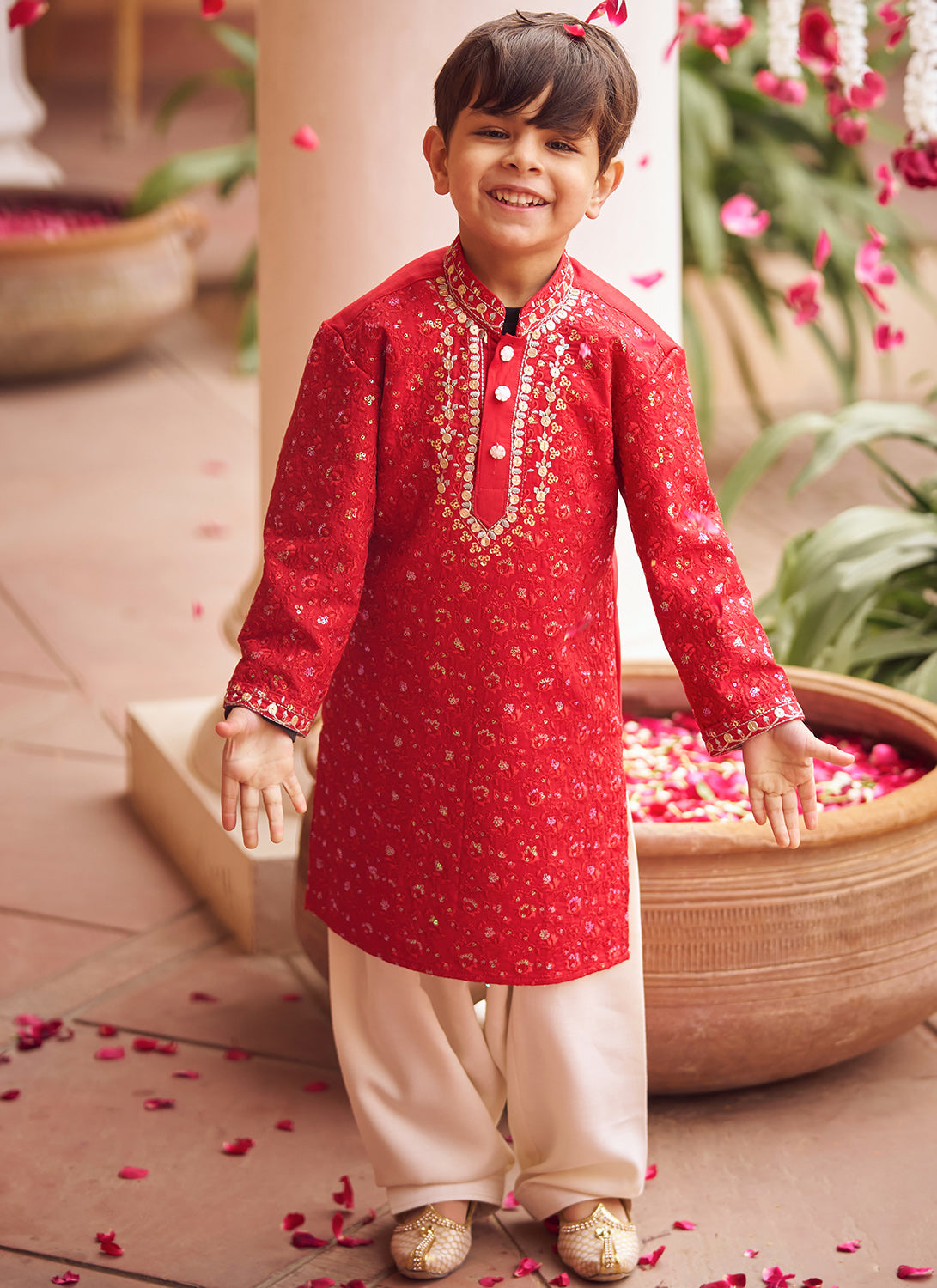 Kids Red Embroidered Kurta Set