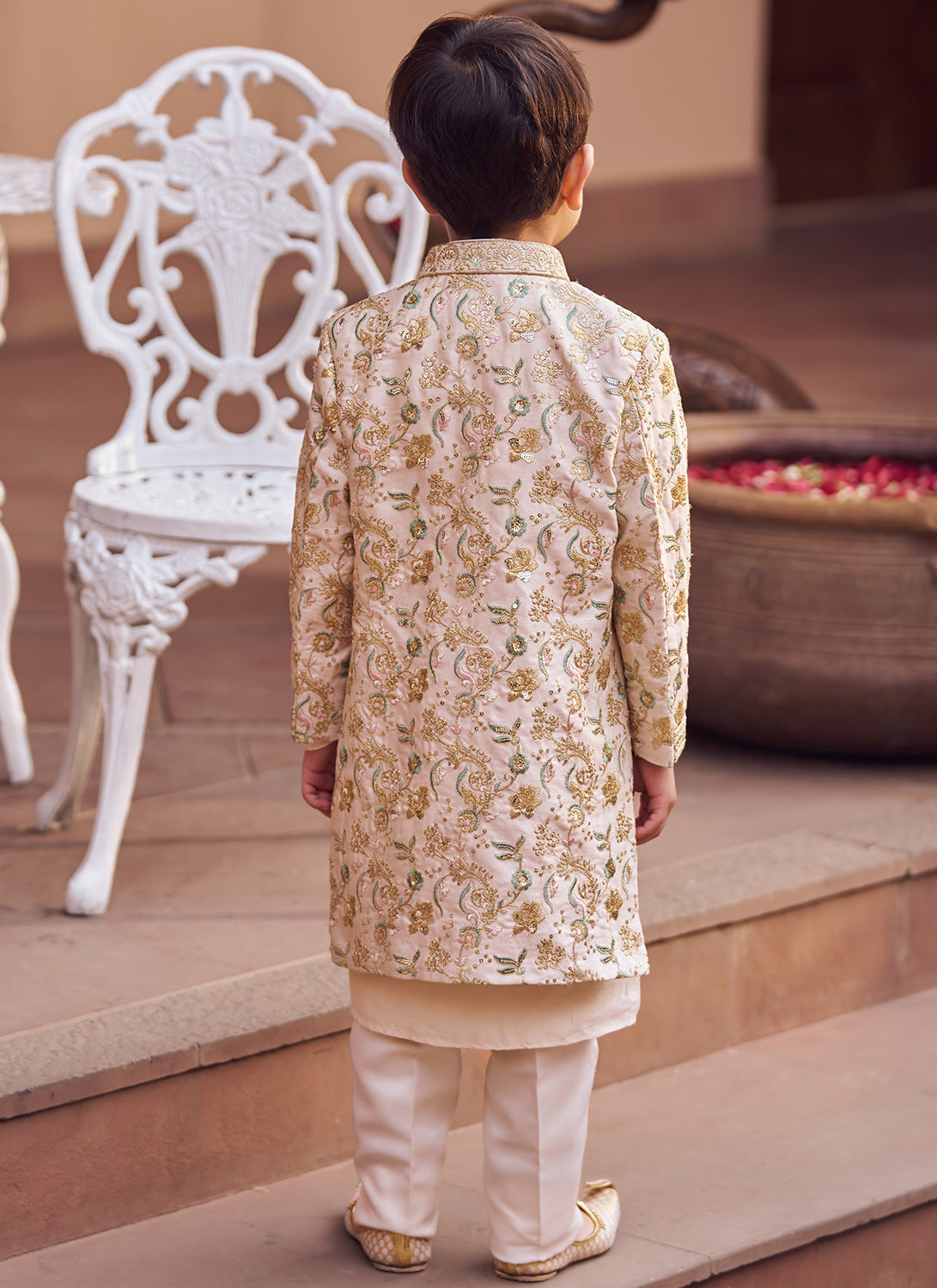 Kids Gold Embroidered Sherwani Set