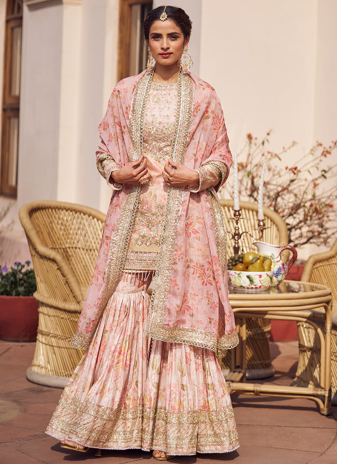 Blush Peach Floral Embroidered Gharara Suit