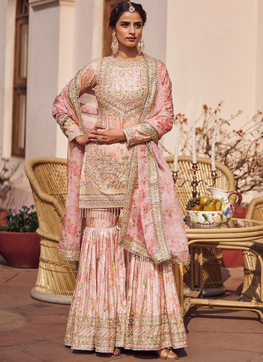 Peach Floral Embroidered Gharara Suit