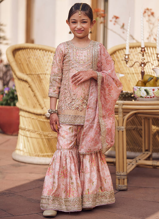 Kids Peach Floral Embroidered Gharara Suit