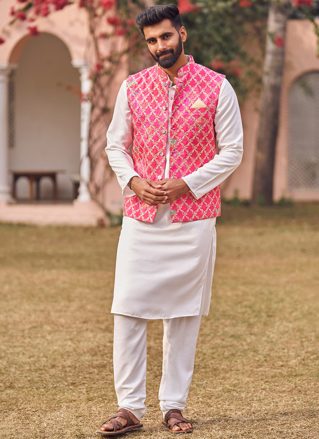 Hot Pink Embroidered Nehru Jacket Set