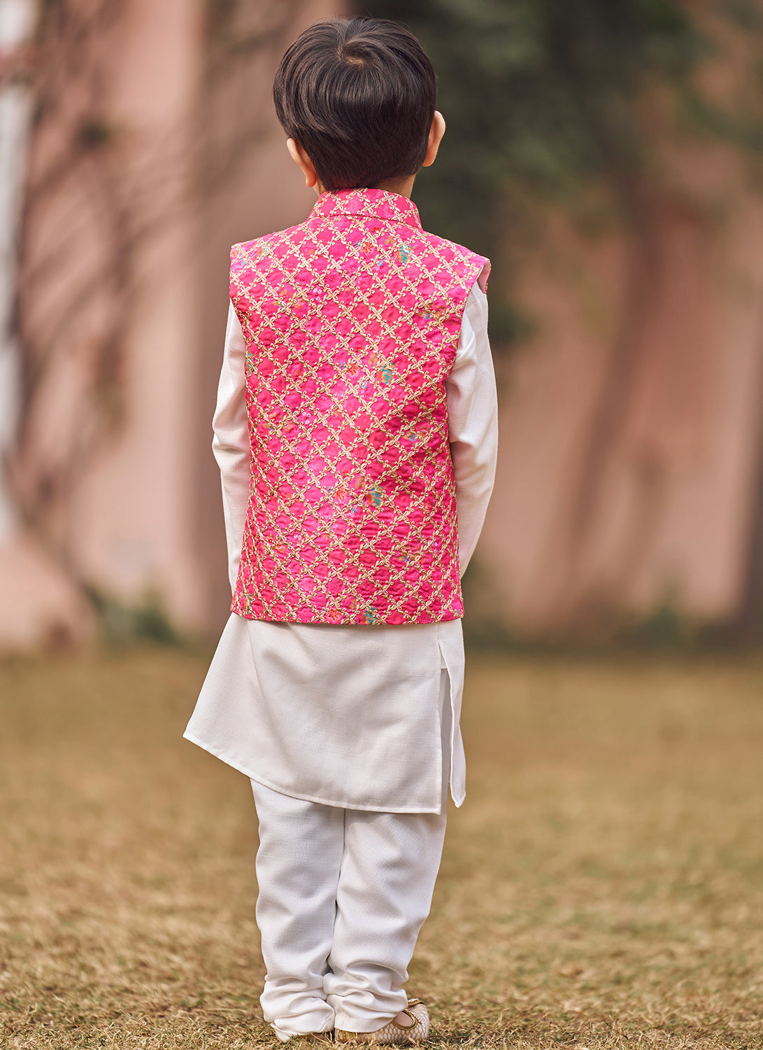 Kids Hot Pink Embroidered Nehru Jacket Set