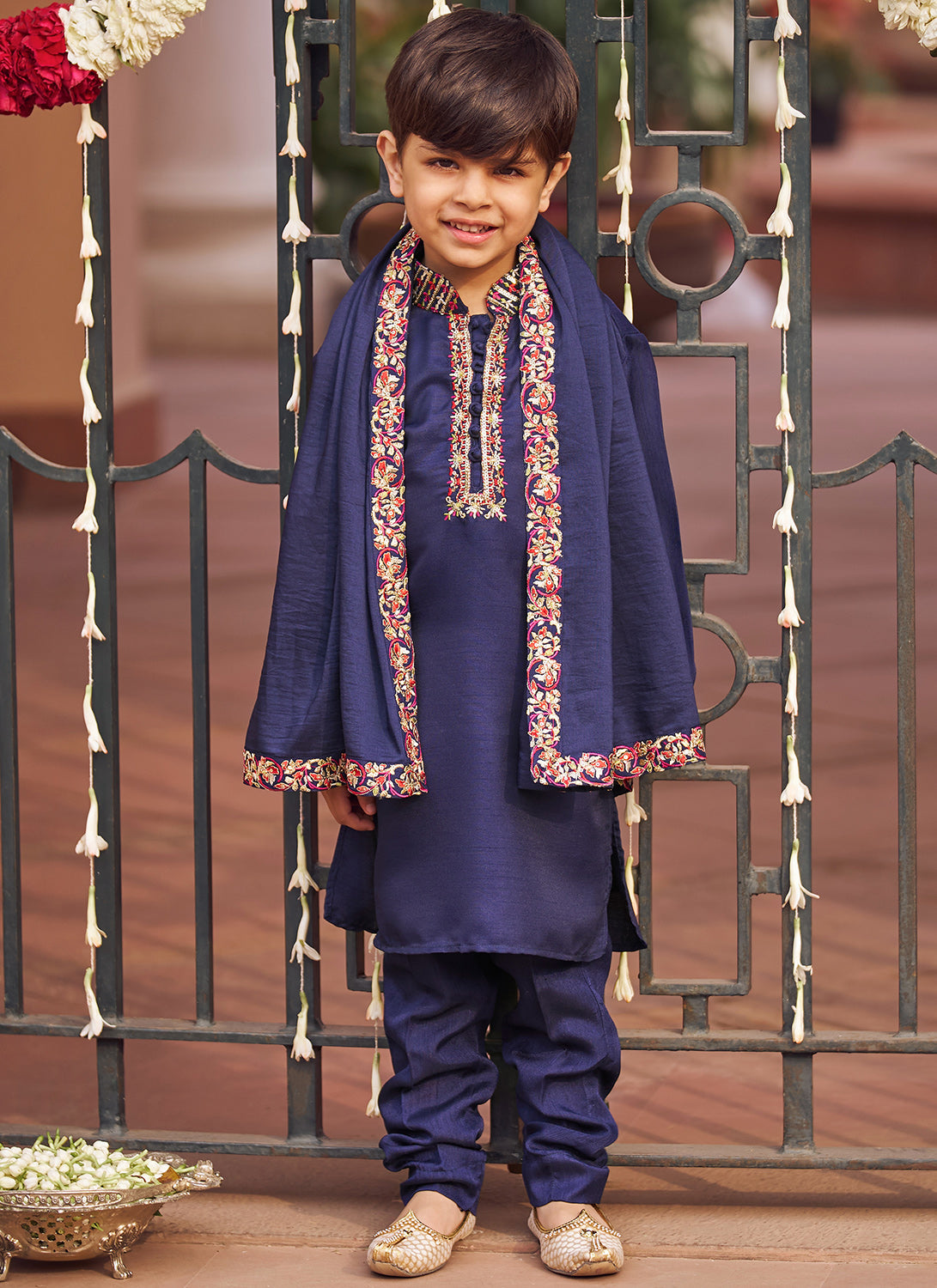 Kids Navy Blue Embroidered Kurta Set