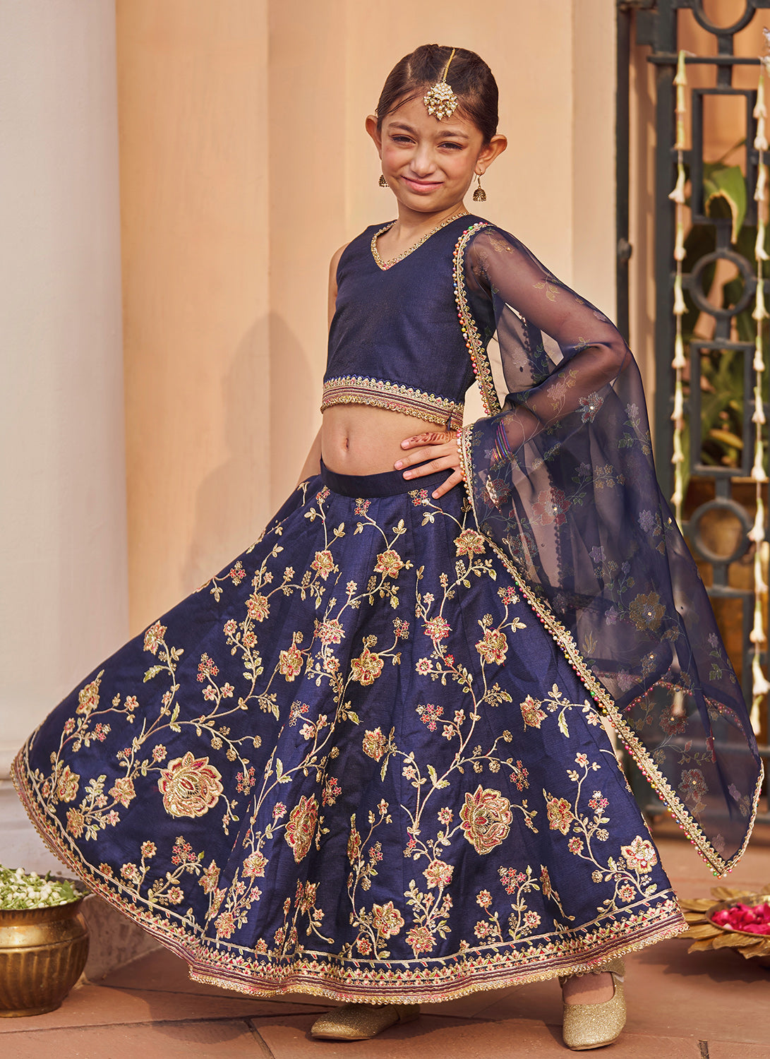 Kids Navy Blue Embroidered Lehenga