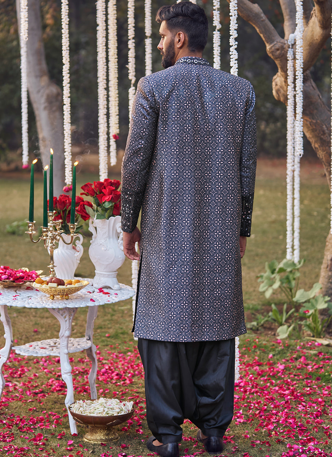 Black and Pink Embroidered Sherwani Set